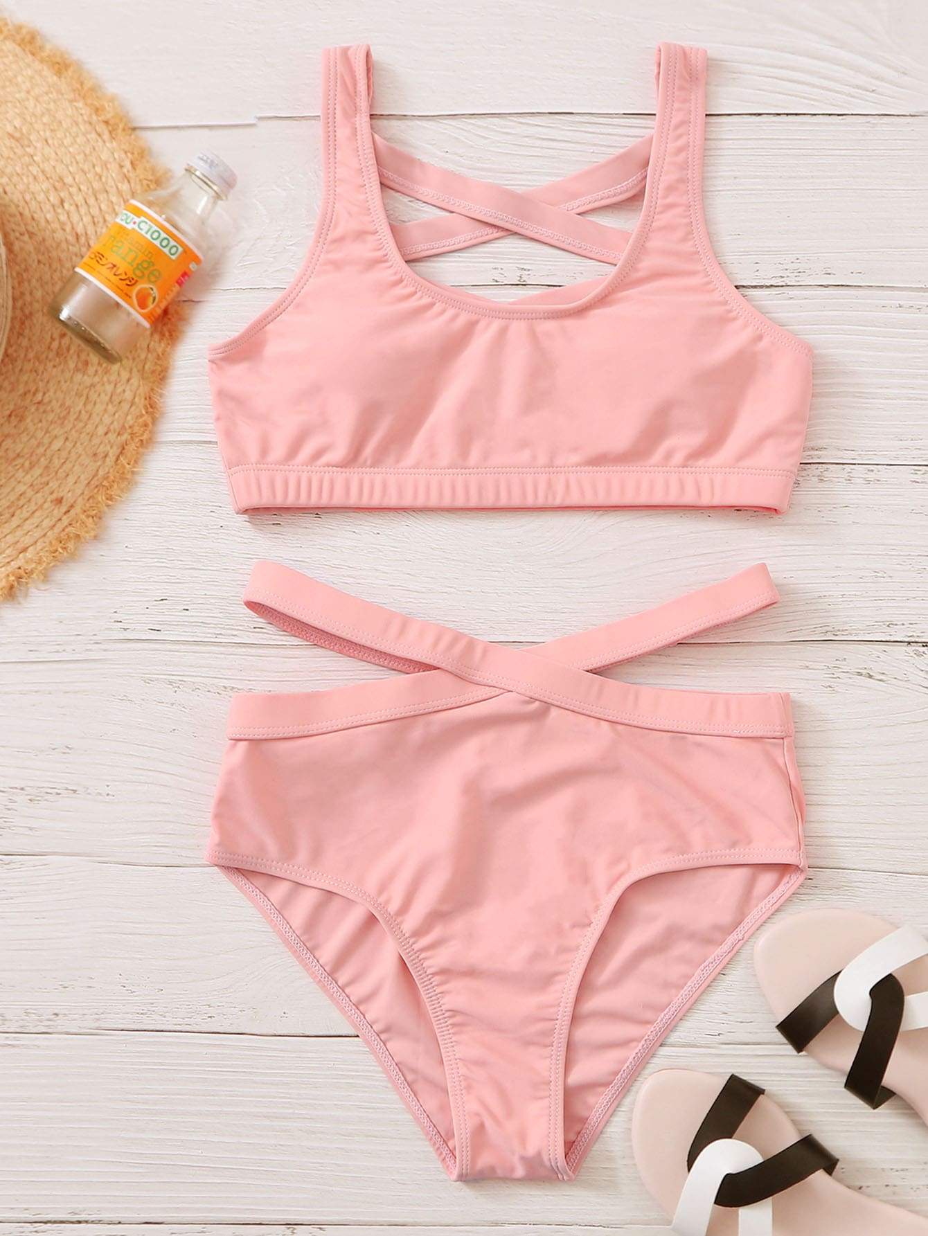 Scoop Neck Criss Cross Back High Waist Bikini Swimsuit