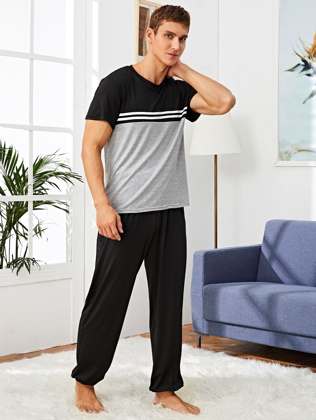 Round Neck Striped Colorblock Sleepwear Set