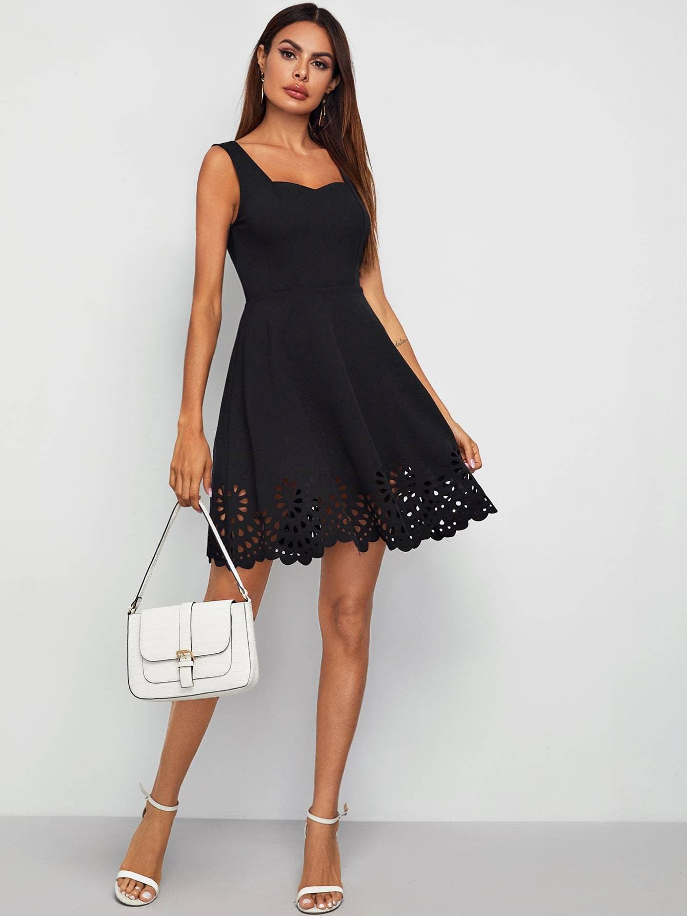 Black Sleeveless Laser Cut Scallop Hem Sweetheart Neck Dress