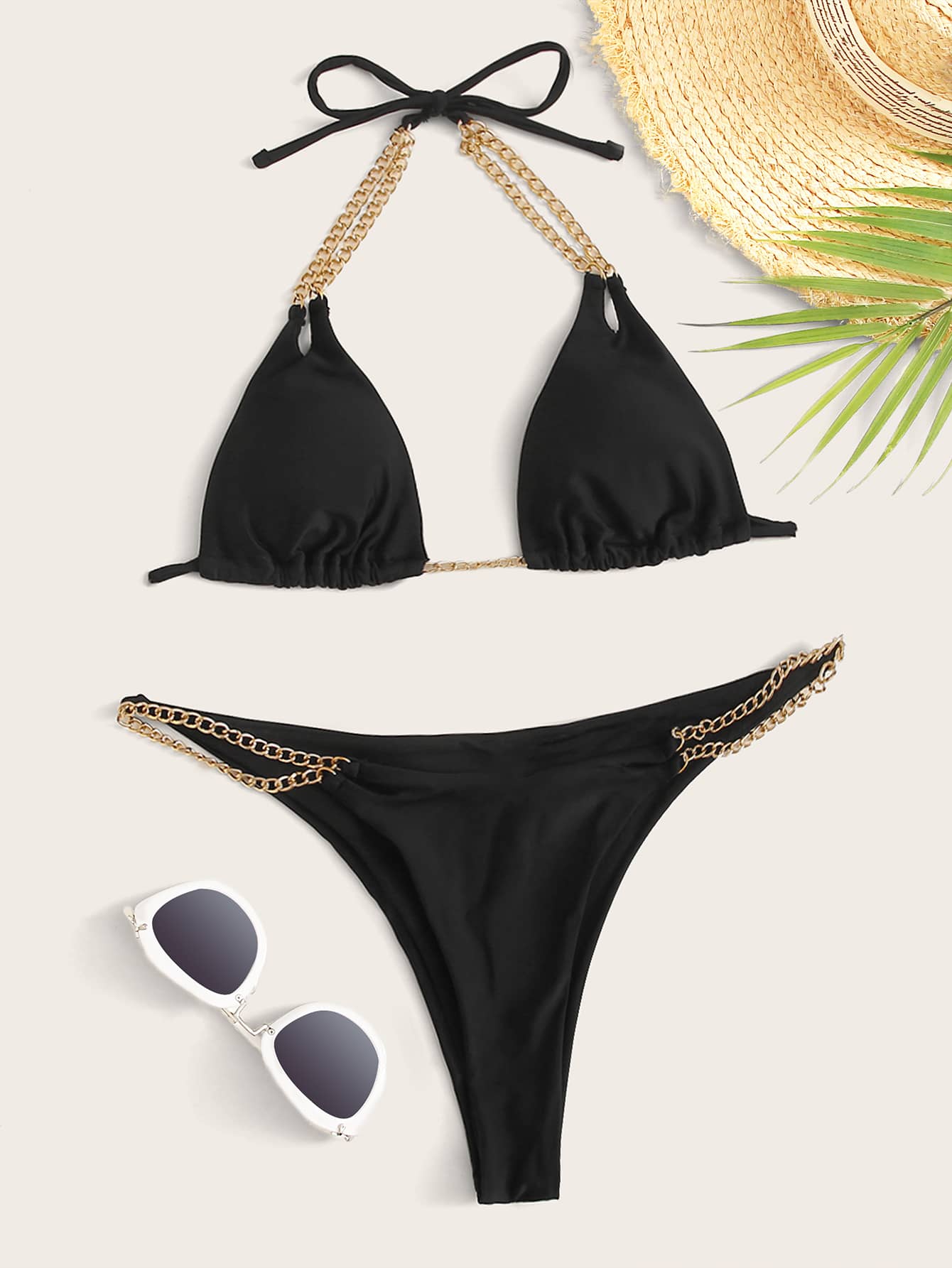Spaghetti Strap Chain Linked Triangle Thong Bikini Swimwear