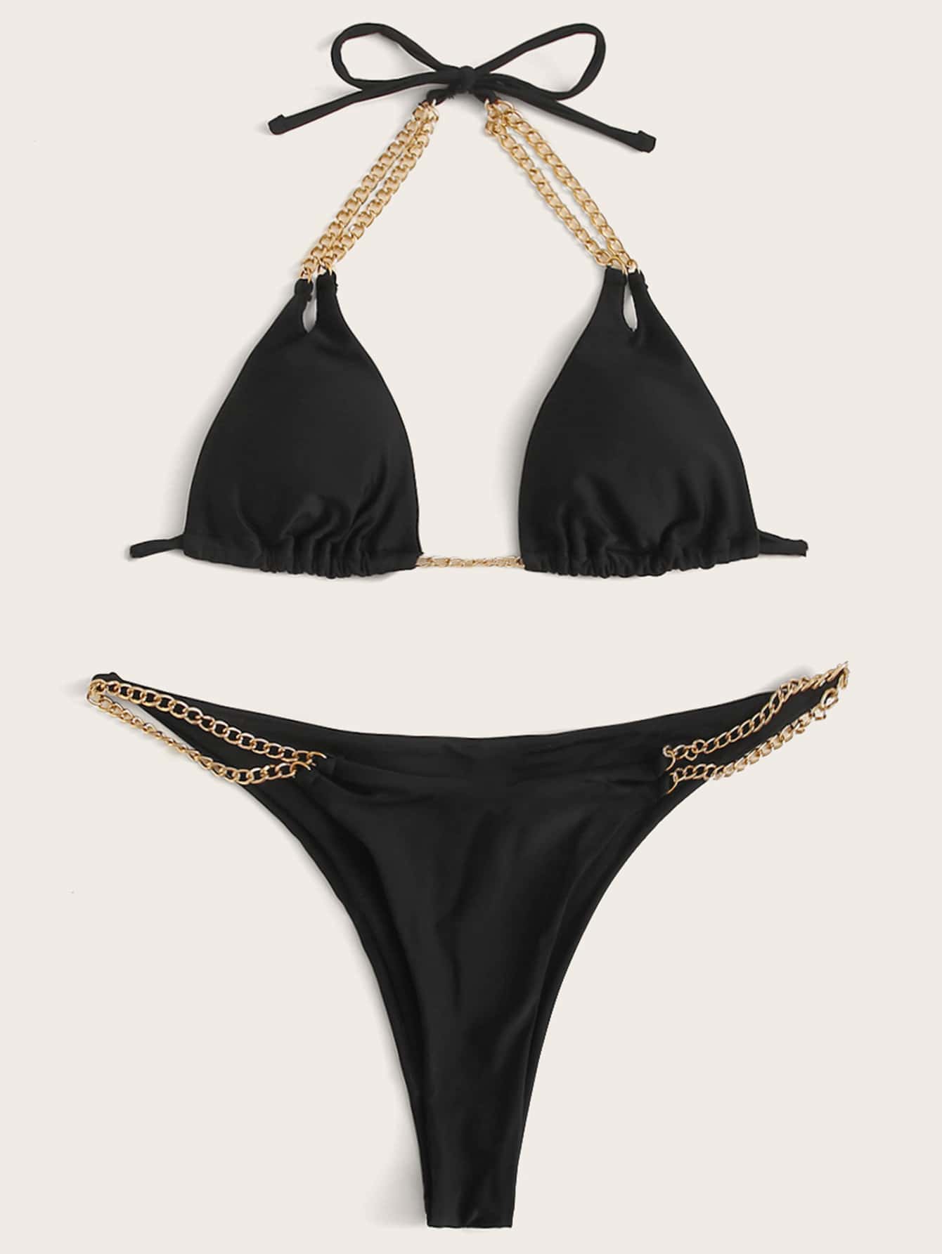 Spaghetti Strap Chain Linked Triangle Thong Bikini Swimwear