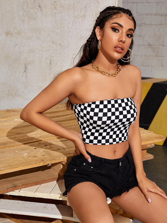 Black and White Strapless Sleeveless Checkered Slim Fit Tube Top