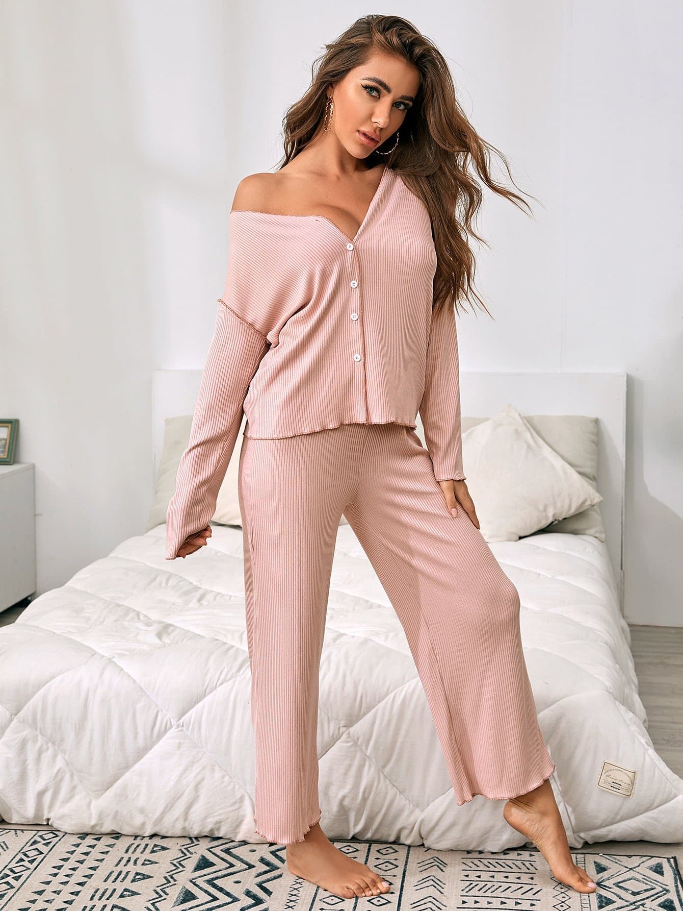 Lettuce Trim V-Neck Rib-Knit Button Front Pyjama Sleepwear Set