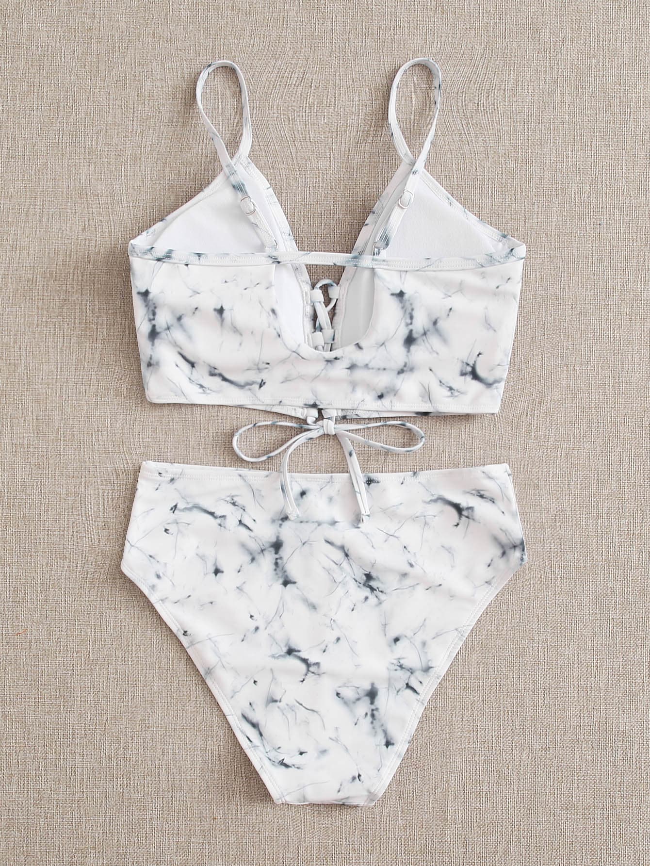Marble Pattern Lace-up Spaghetti Strap Bikini Swimwear