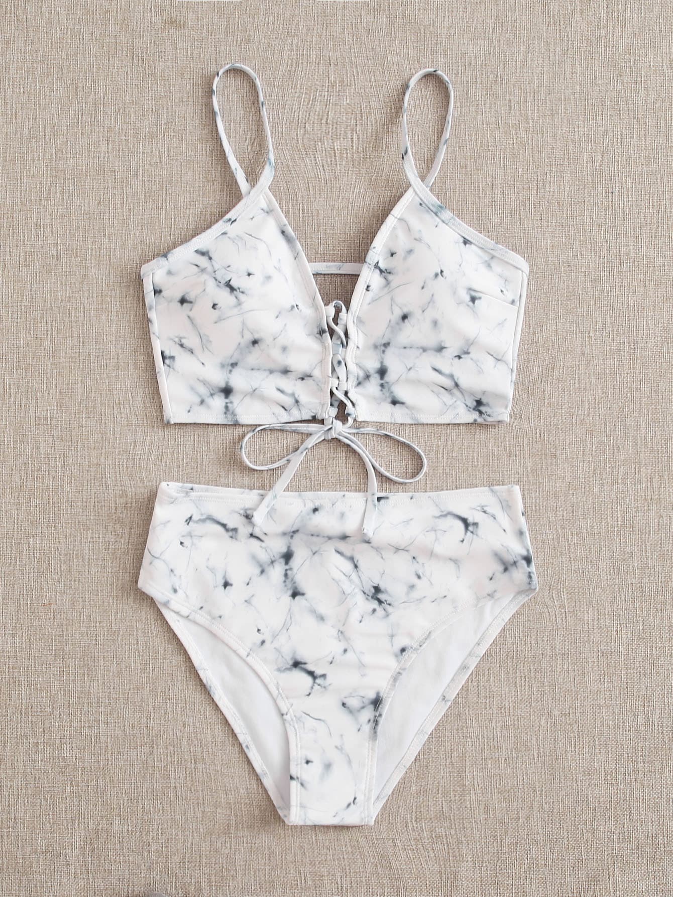 Marble Pattern Lace-up Spaghetti Strap Bikini Swimwear