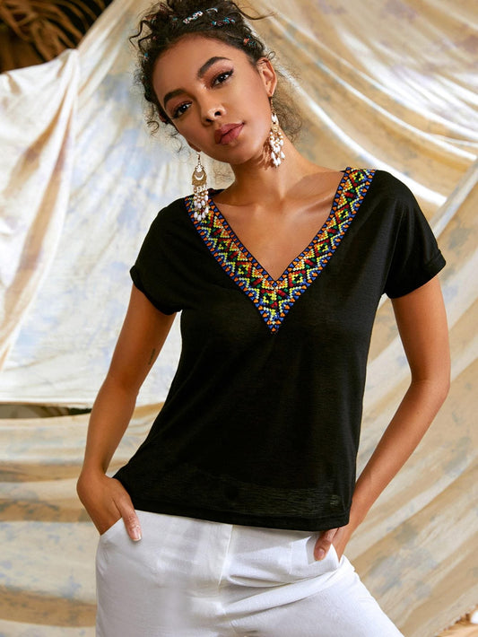 V-Neck Tribal Embroidered Tape Detail Dolman Sleeve Top