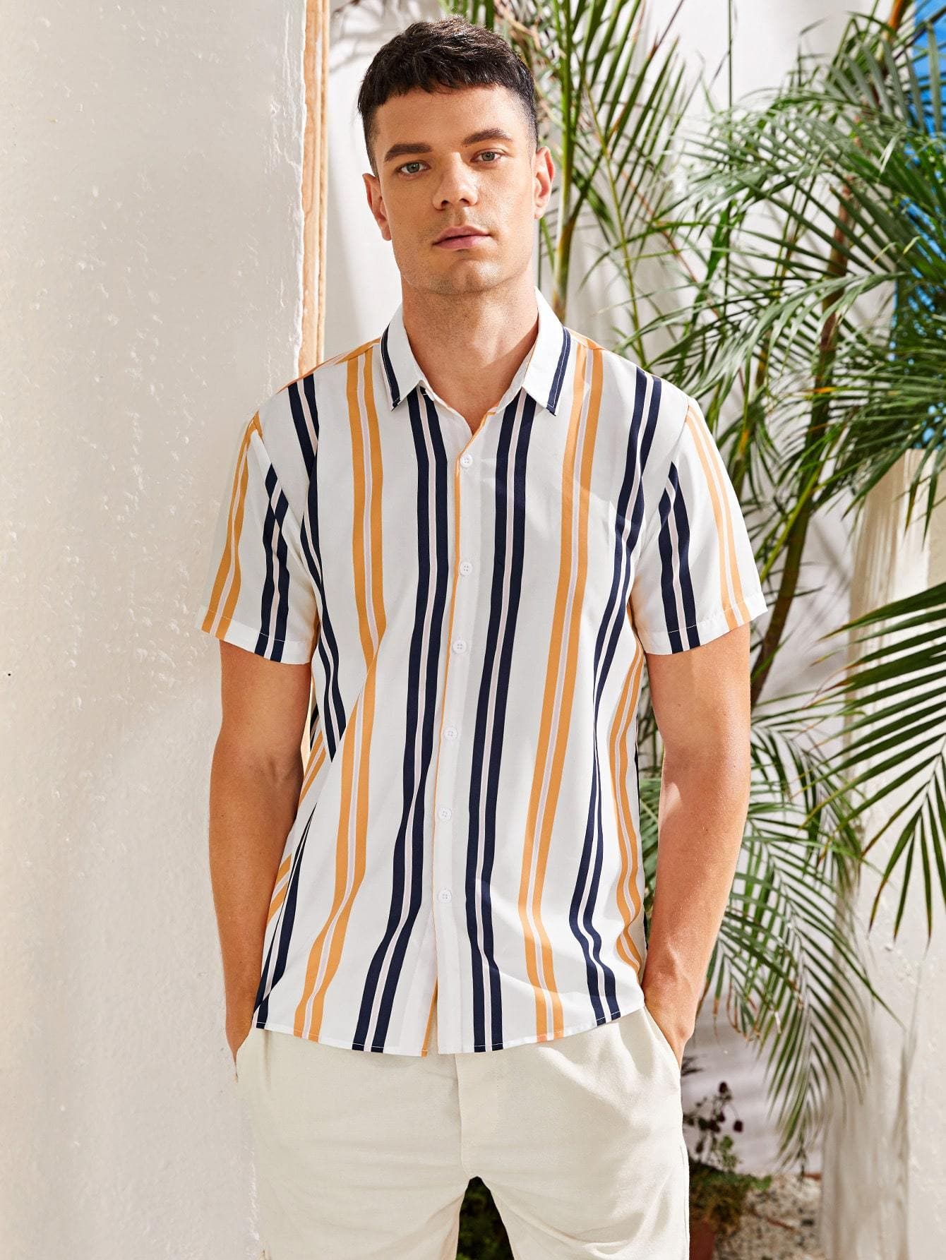 Vertical Striped Button Up Shirt – - Main Image