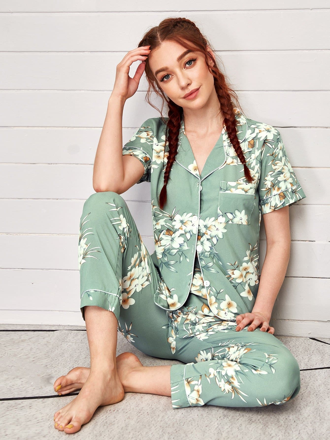 Green Floral Print Button Front Contrast Binding Pyjama Sleepwear Set