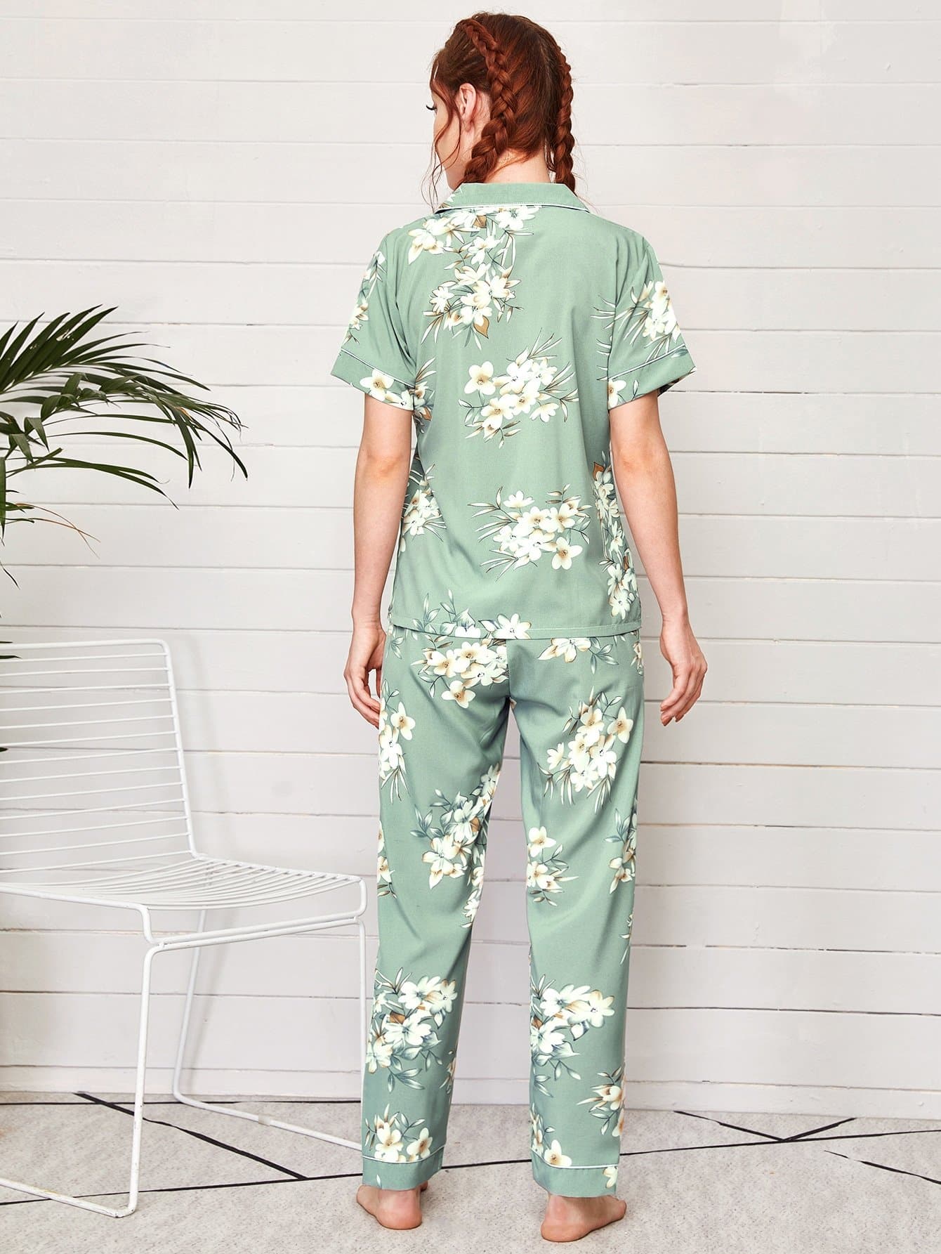 Green Floral Print Button Front Contrast Binding Pyjama Sleepwear Set