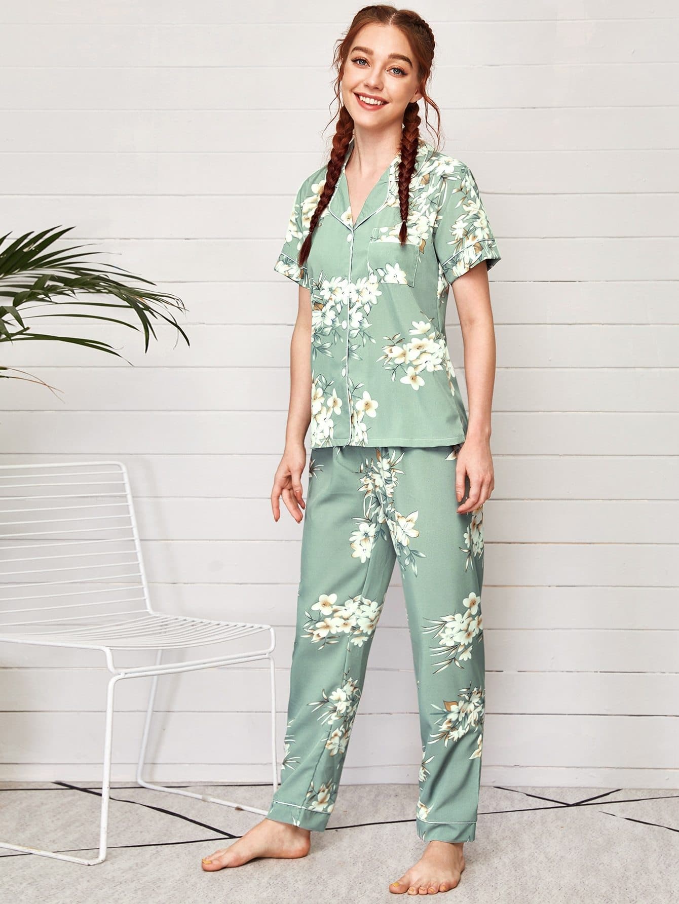 Green Floral Print Button Front Contrast Binding Pyjama Sleepwear Set
