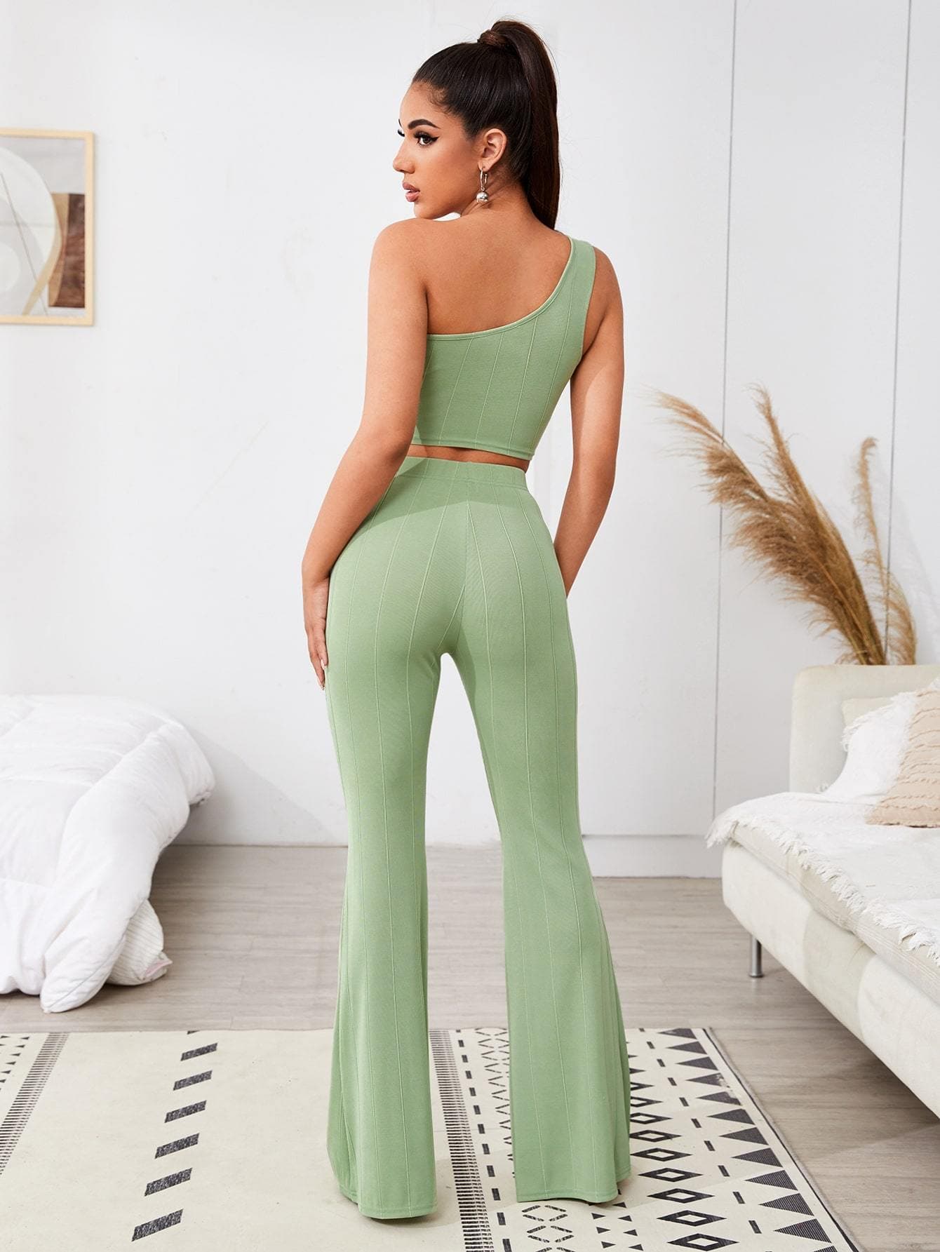 Ribbed One-Shoulder Sleeveless Crop Top and Flare Trousers Set