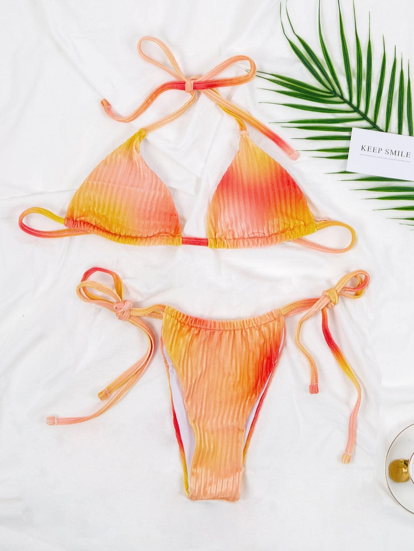 Velvet Ombre Halter Neck Triangle Tie Side Bikini Swimsuit