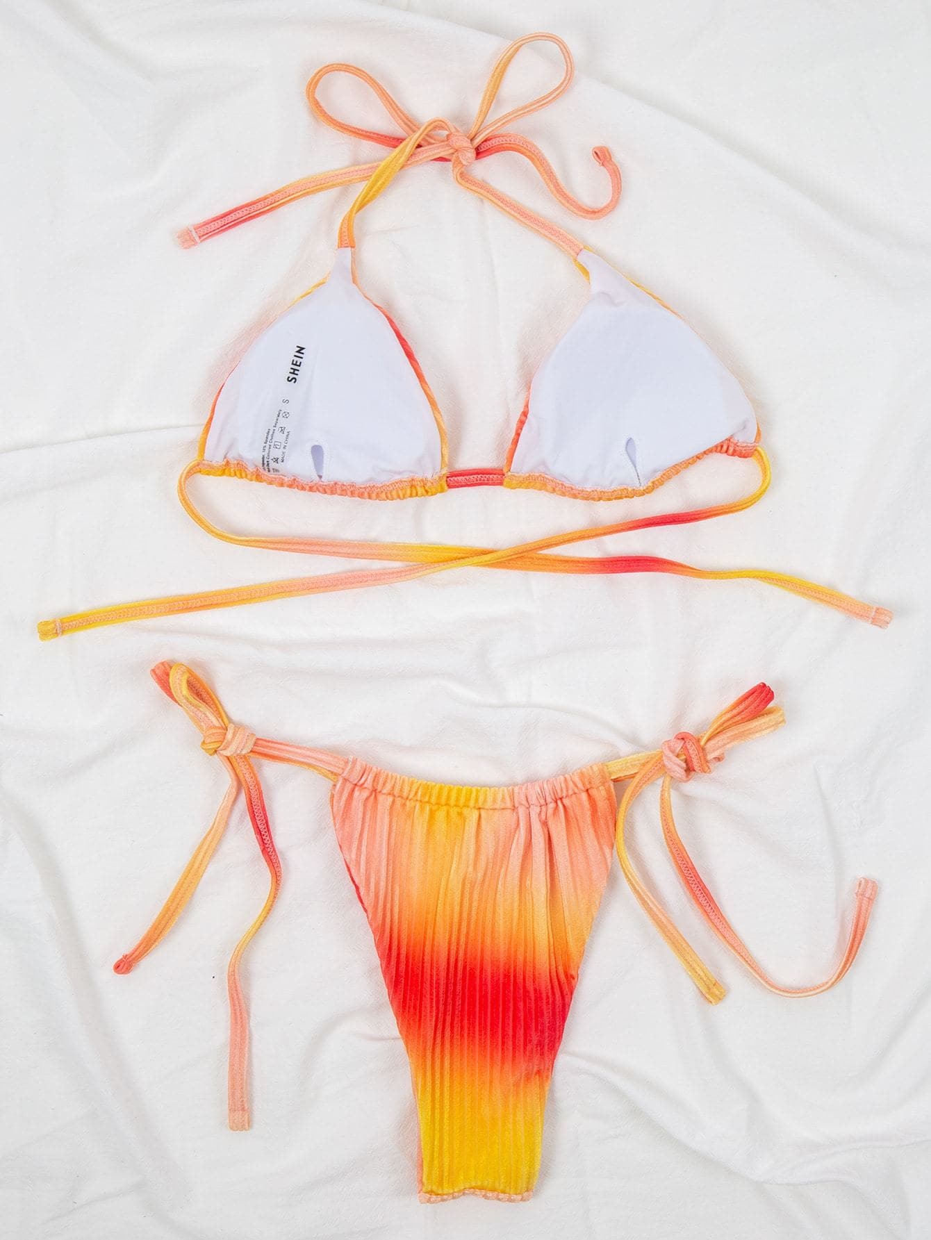 Velvet Ombre Halter Neck Triangle Tie Side Bikini Swimsuit