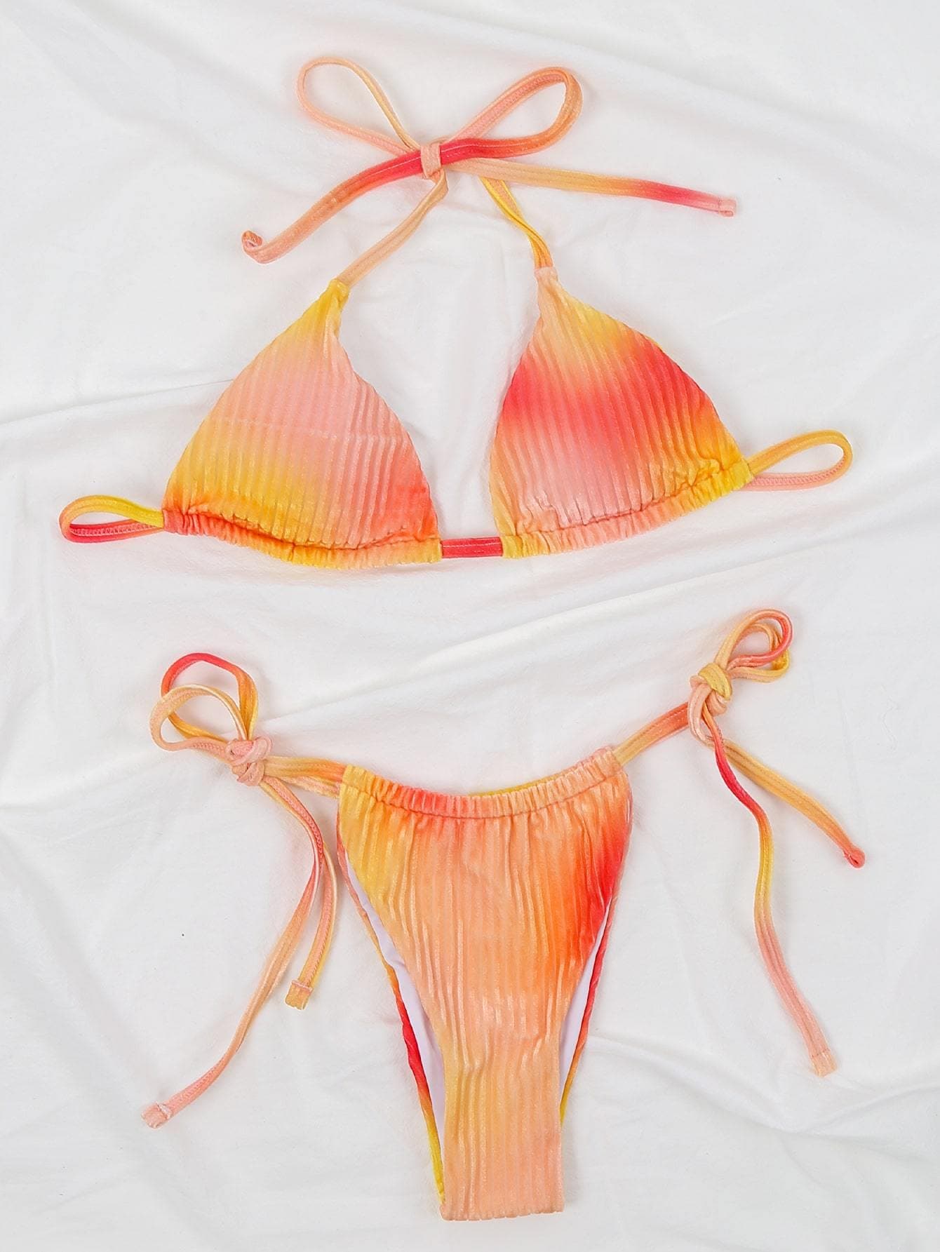 Velvet Ombre Halter Neck Triangle Tie Side Bikini Swimsuit