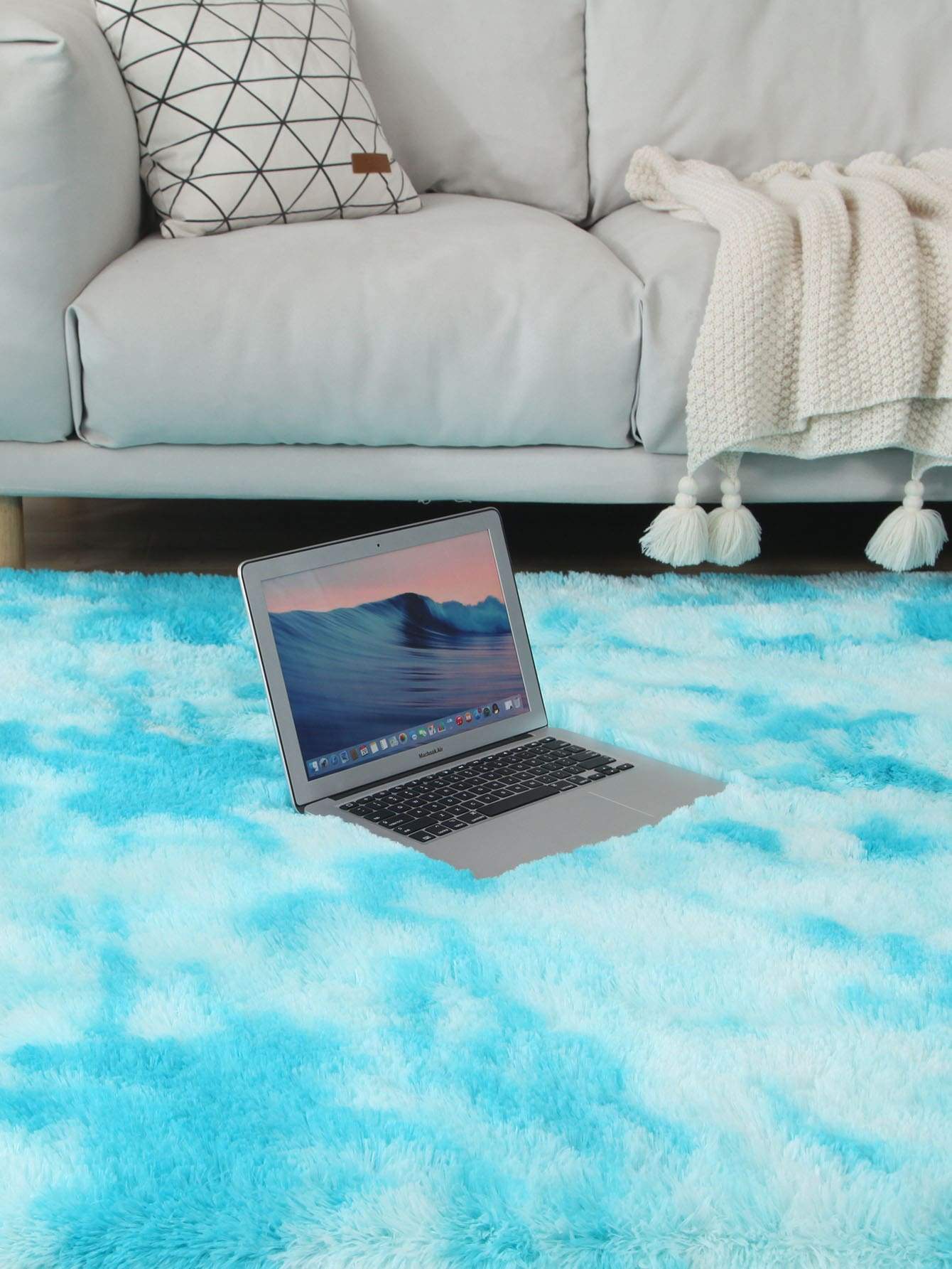 Mint Blue Solid Faux Fur Floor Mat