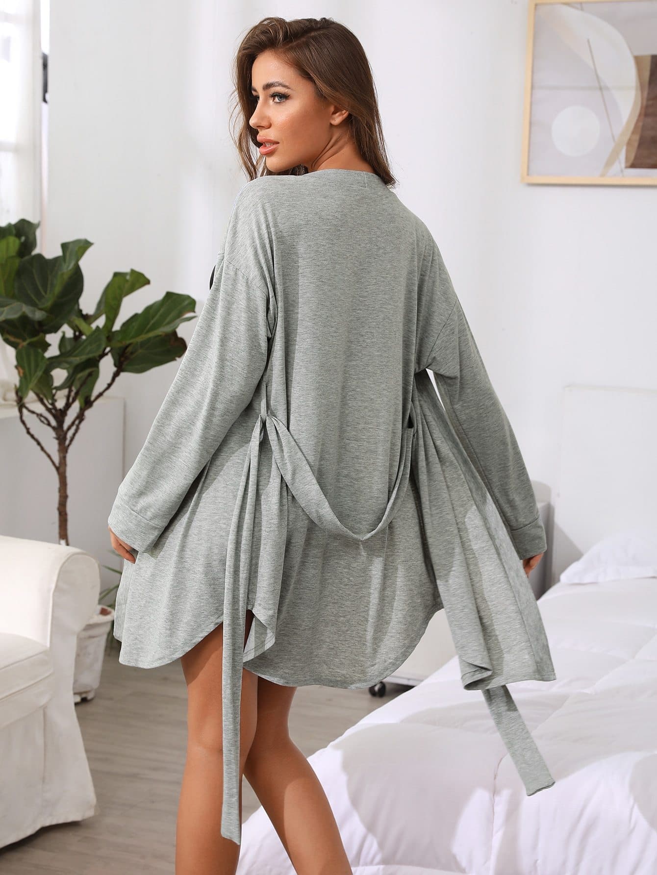 Light Grey Solid Self Tie Robe