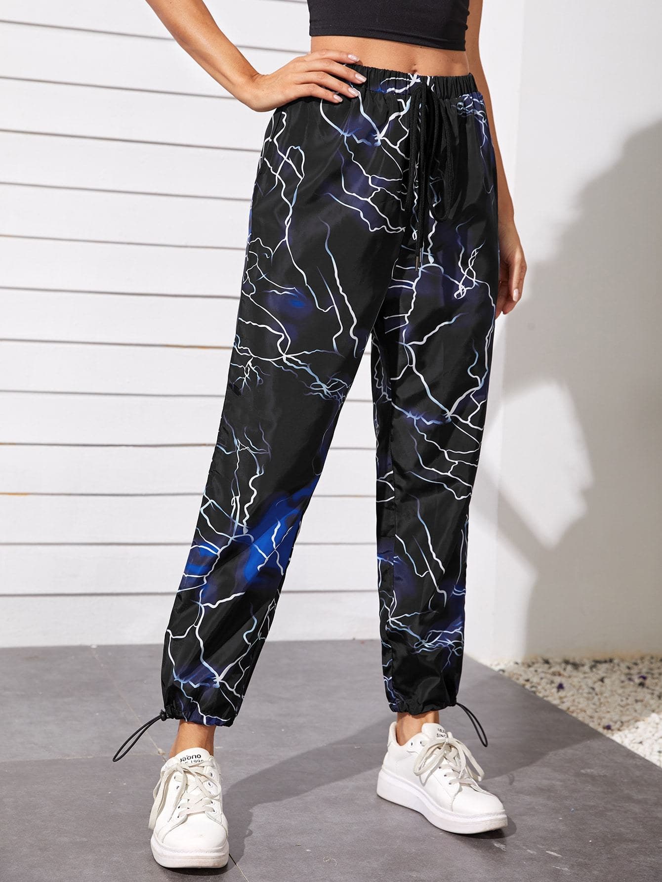 Elastic Mid Tie Waist Drawstring Hem Allover Print Pants