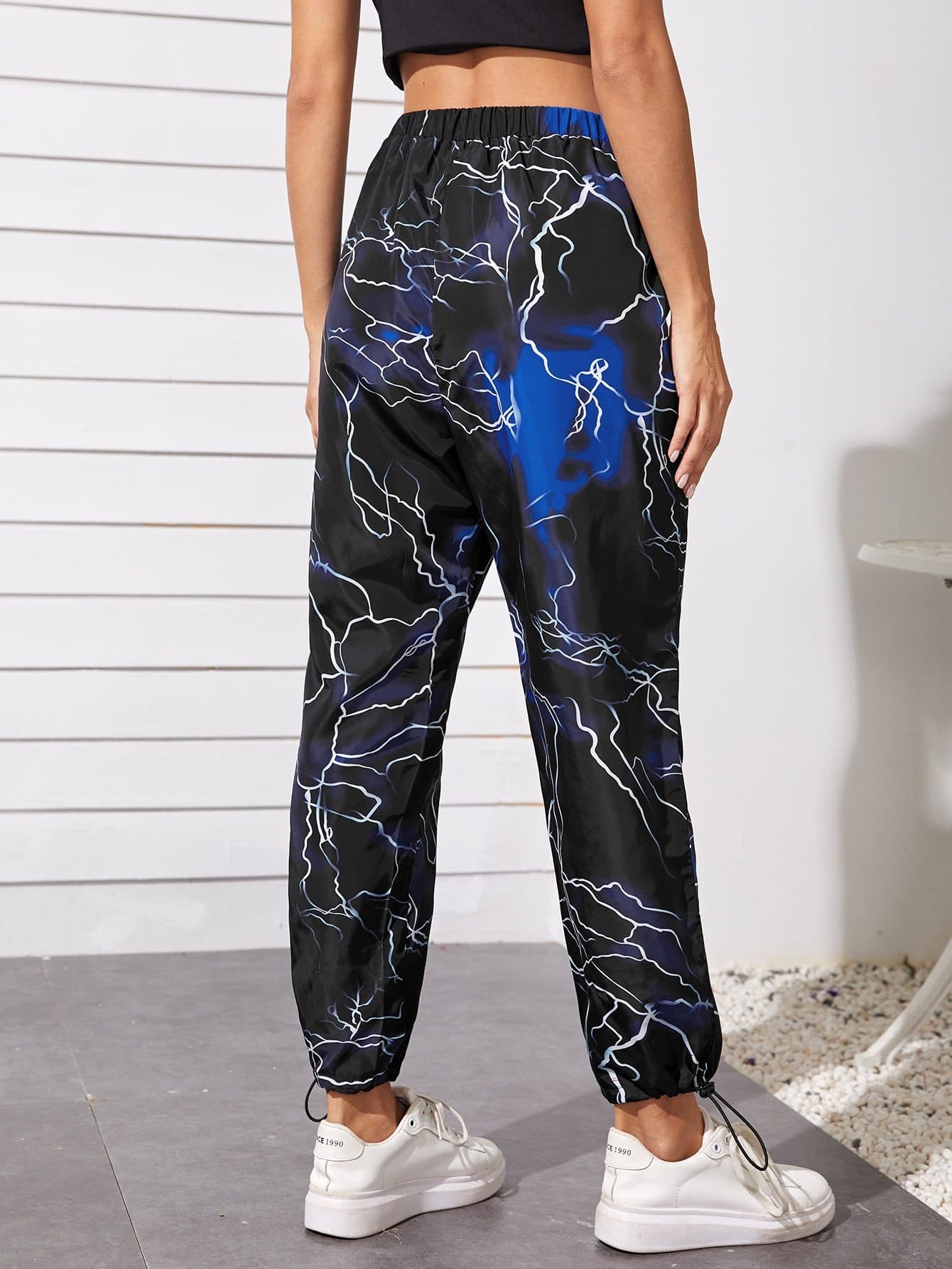 Elastic Mid Tie Waist Drawstring Hem Allover Print Pants