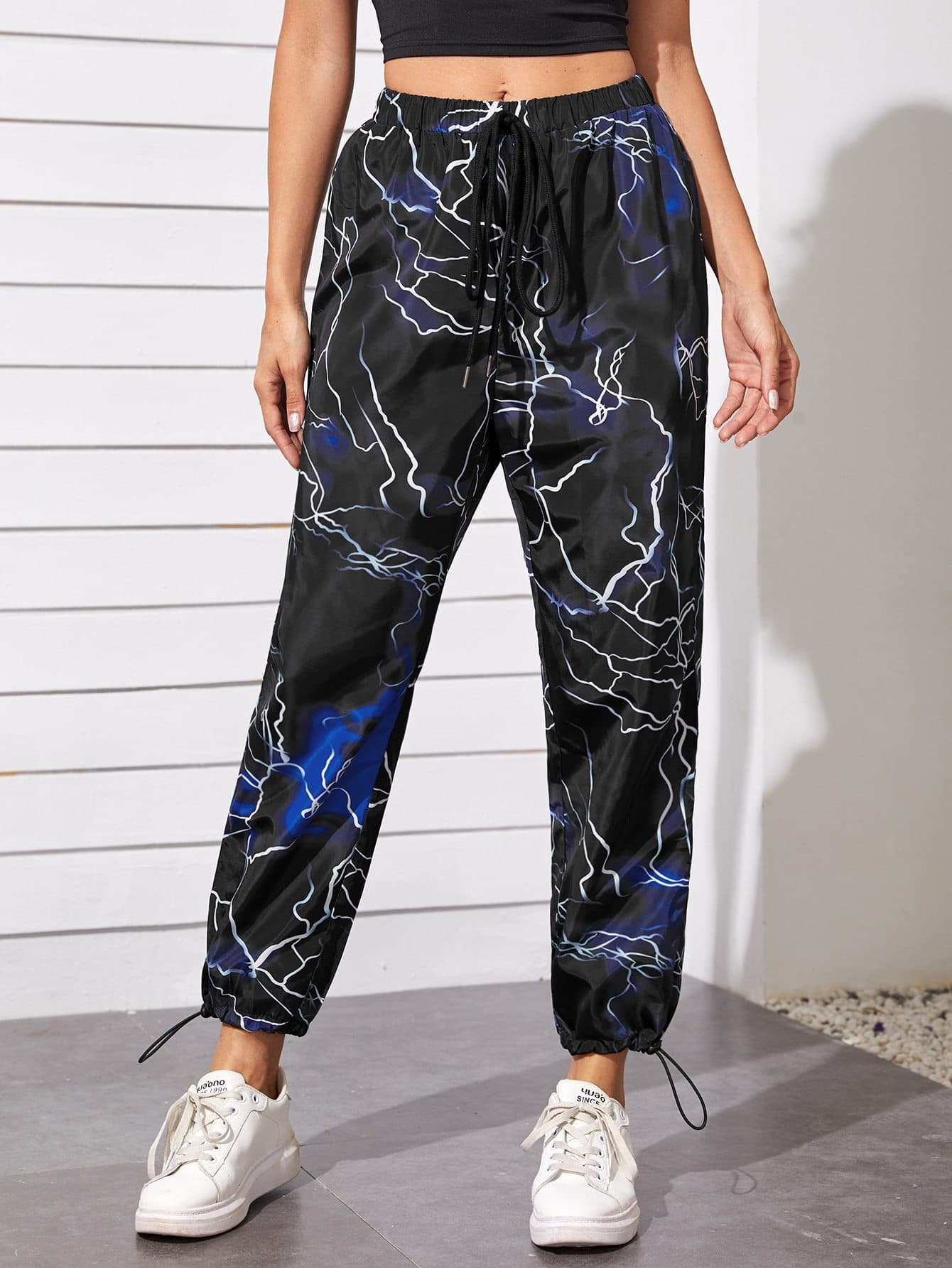 Elastic Mid Tie Waist Drawstring Hem Allover Print Pants