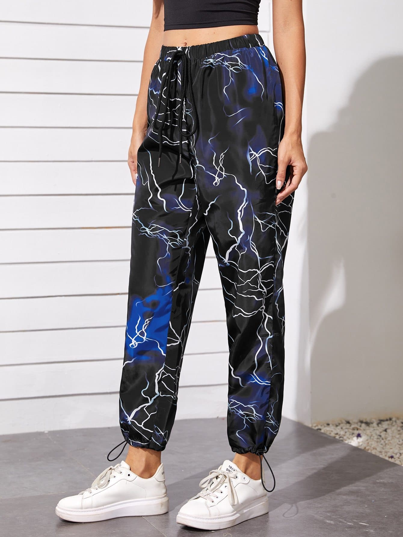 Elastic Mid Tie Waist Drawstring Hem Allover Print Pants