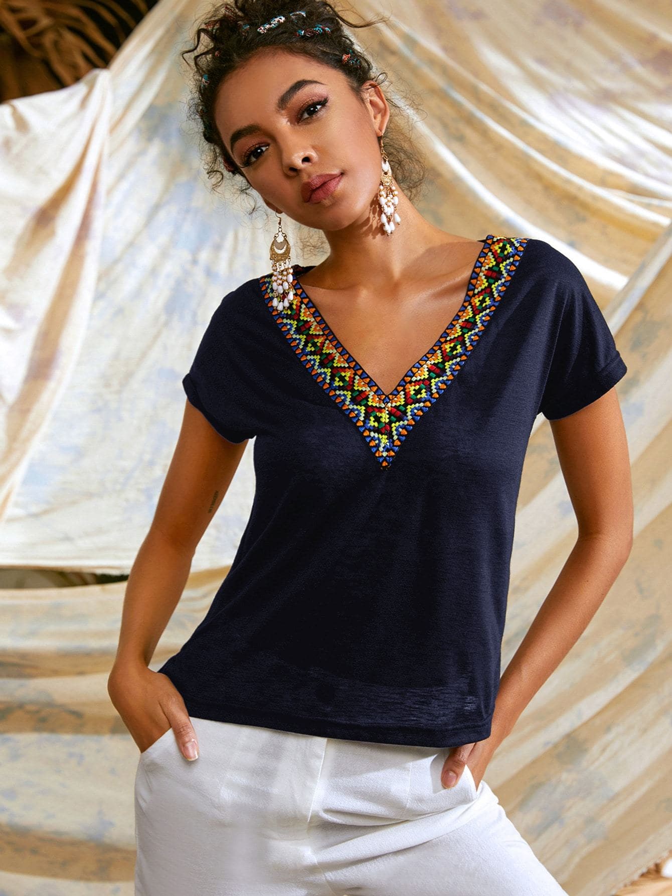 V-Neck Tribal Embroidered Tape Detail Dolman Sleeve Top