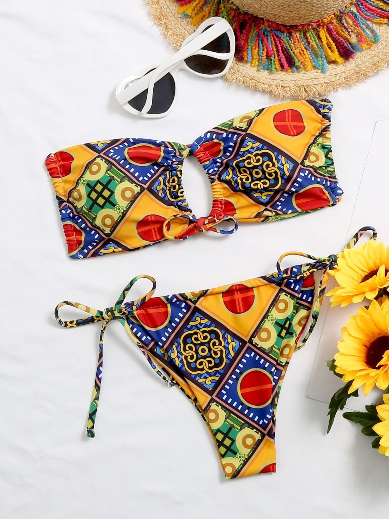 Geo Tribal Print Bandeau Cut-Out Knot Self-Tie Bikini Swimsuit