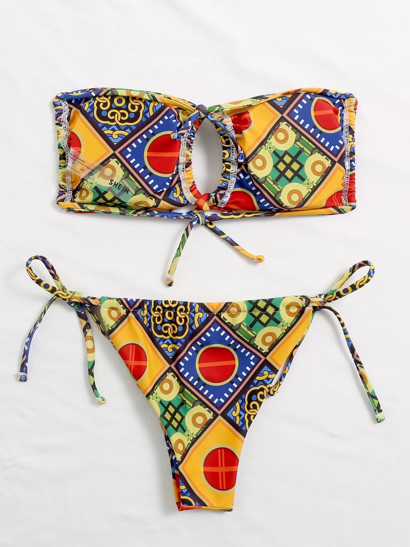 Geo Tribal Print Bandeau Cut-Out Knot Self-Tie Bikini Swimsuit