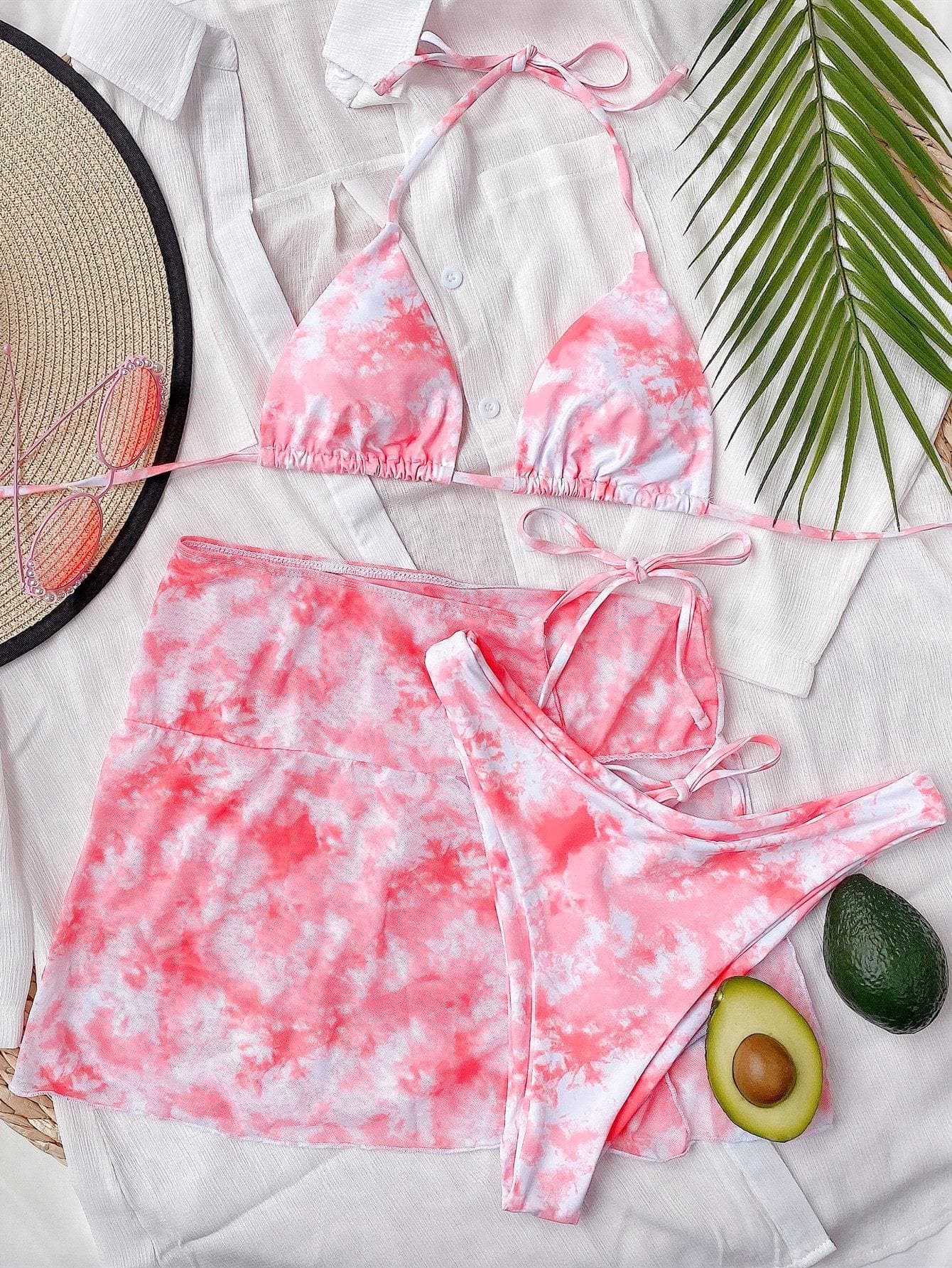 Halter Neck Tie-Dye Bikini Swimsuit and Self-Tie Mini Skirt Set