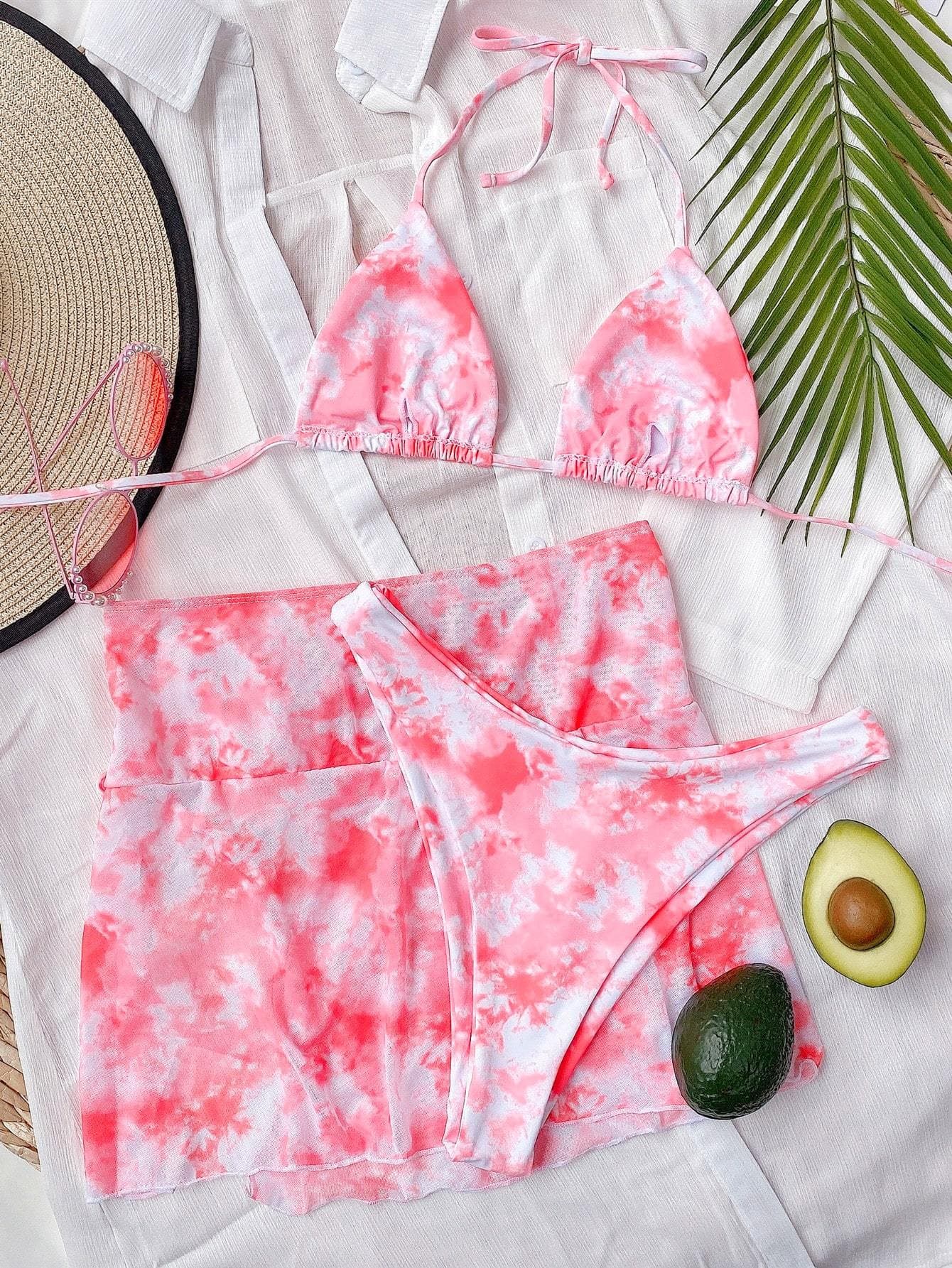 Halter Neck Tie-Dye Bikini Swimsuit and Self-Tie Mini Skirt Set