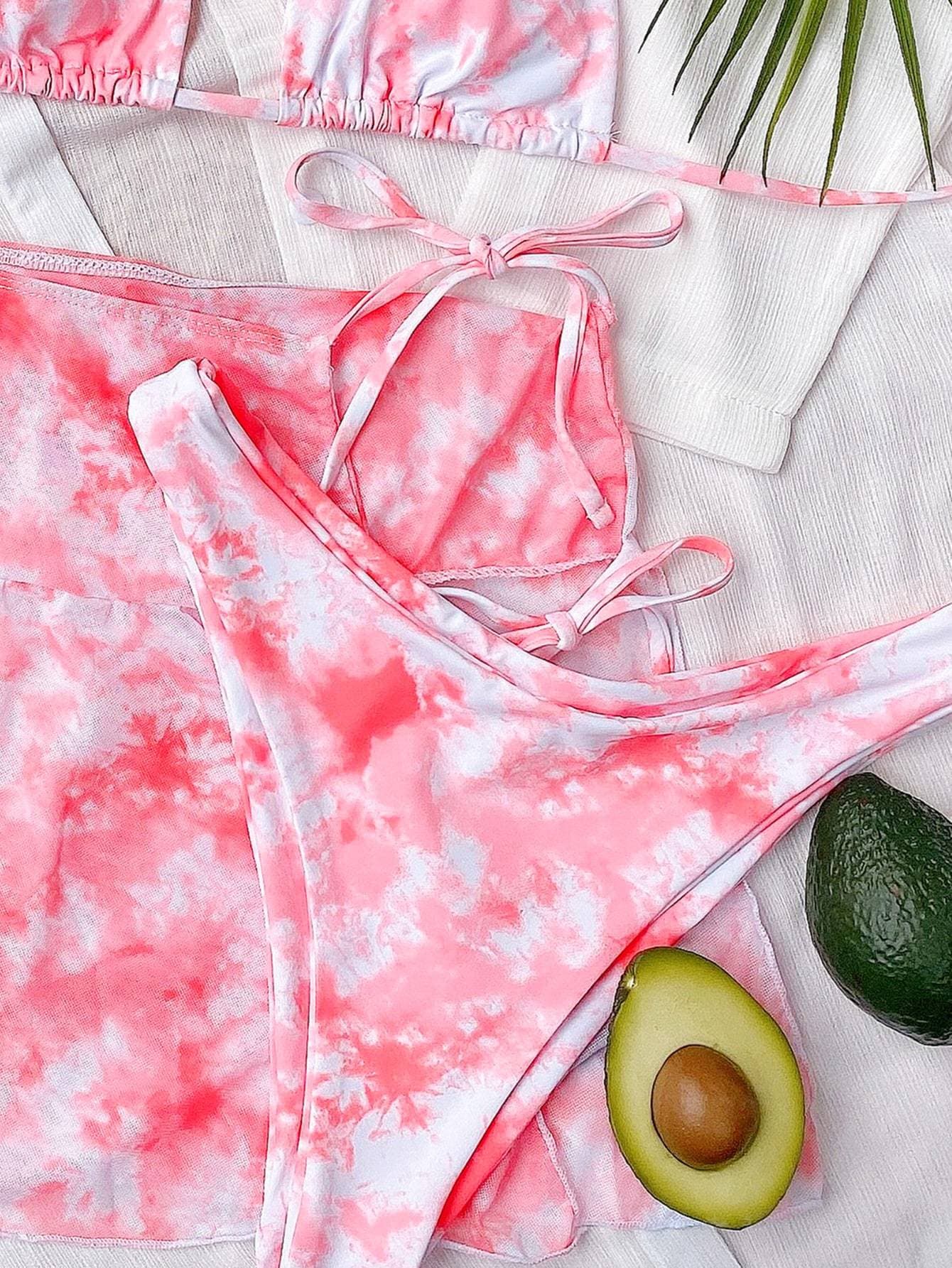 Halter Neck Tie-Dye Bikini Swimsuit and Self-Tie Mini Skirt Set