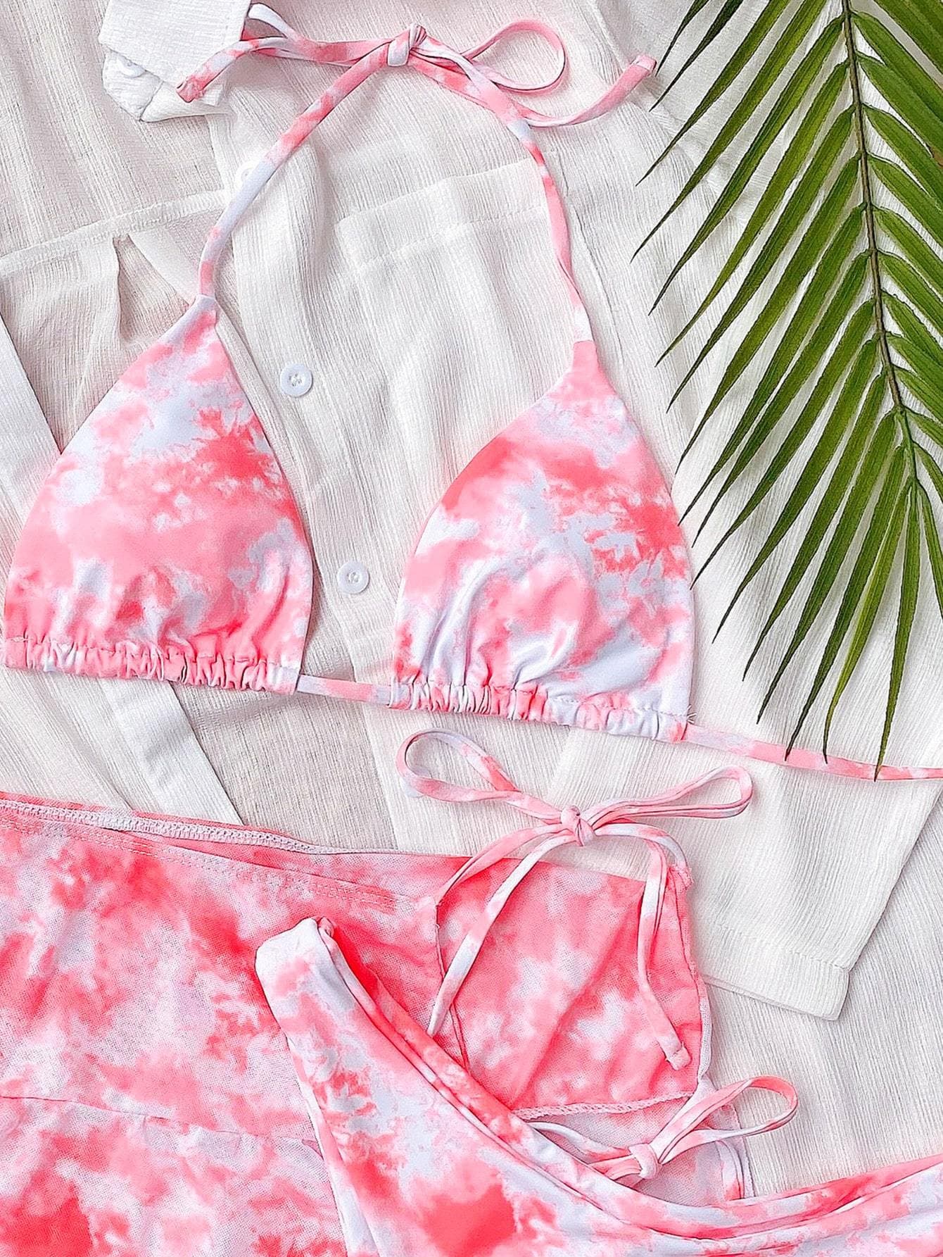 Halter Neck Tie-Dye Bikini Swimsuit and Self-Tie Mini Skirt Set