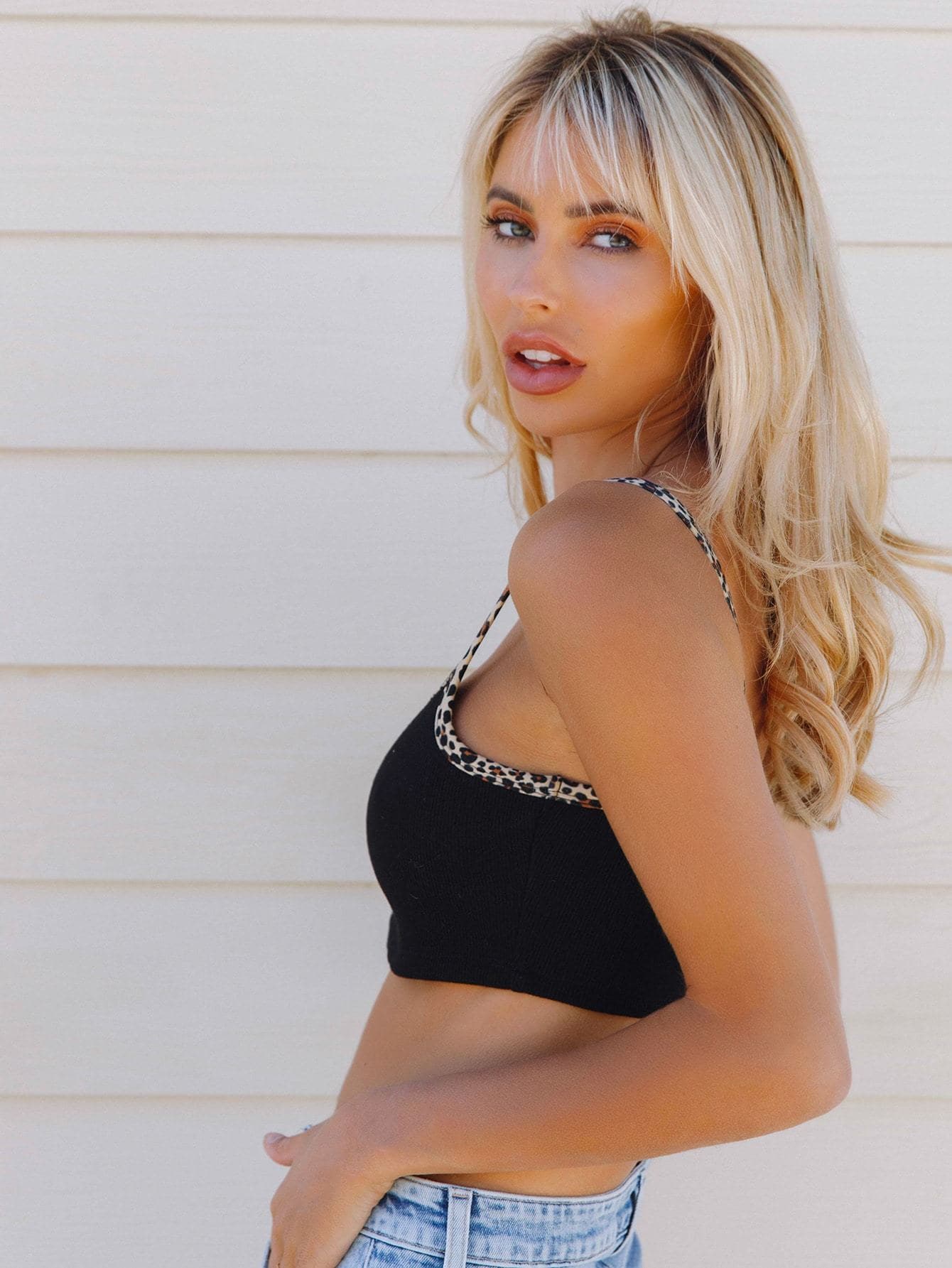 Black Spaghetti Strap Contrast Leopard Binding Slim Fit Crop Cami Top