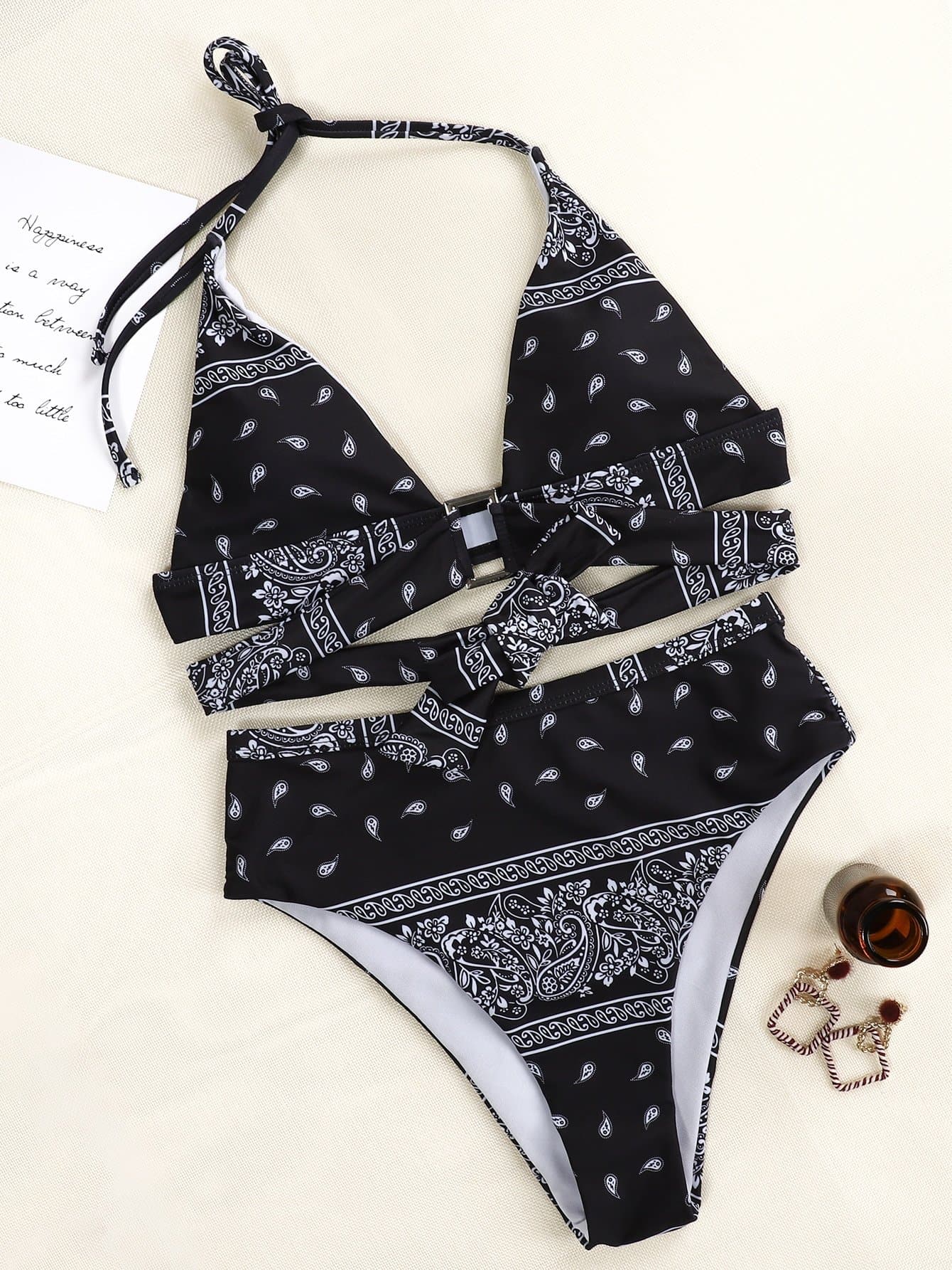 Tribal Knot Halter Triangle High Waist Bikini Swimwear