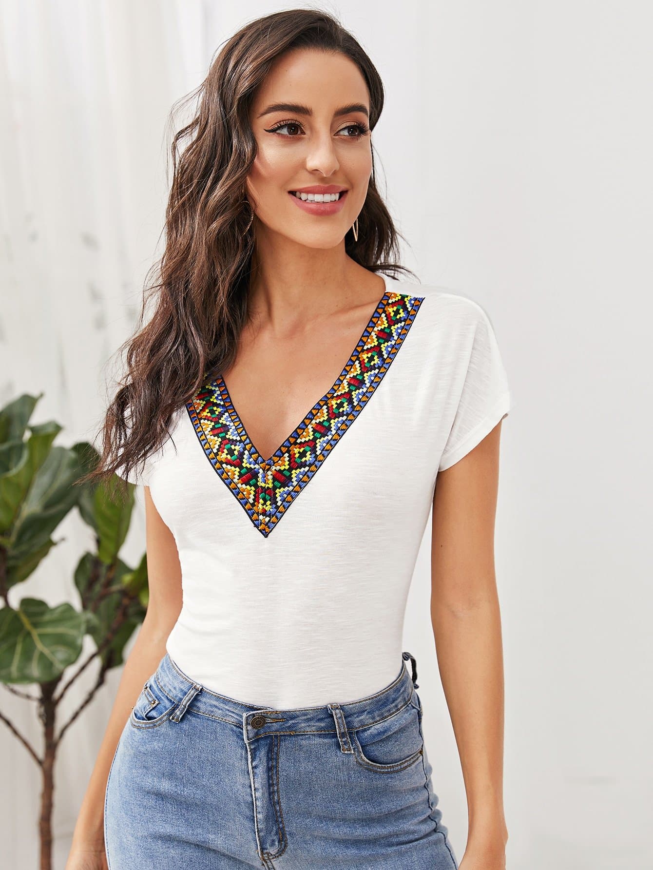 V-Neck Tribal Embroidered Tape Detail Dolman Sleeve Top