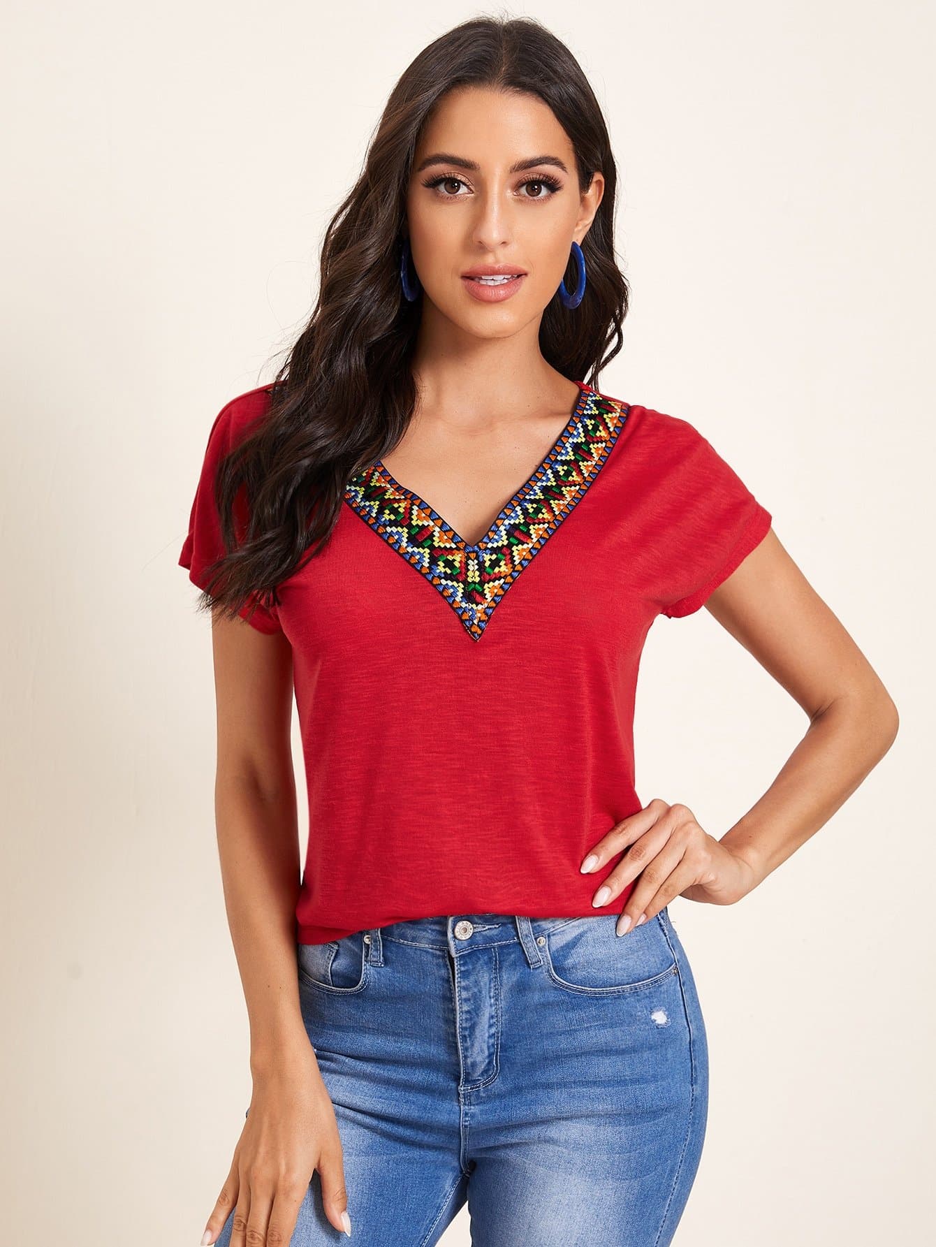 V-Neck Tribal Embroidered Tape Detail Dolman Sleeve Top