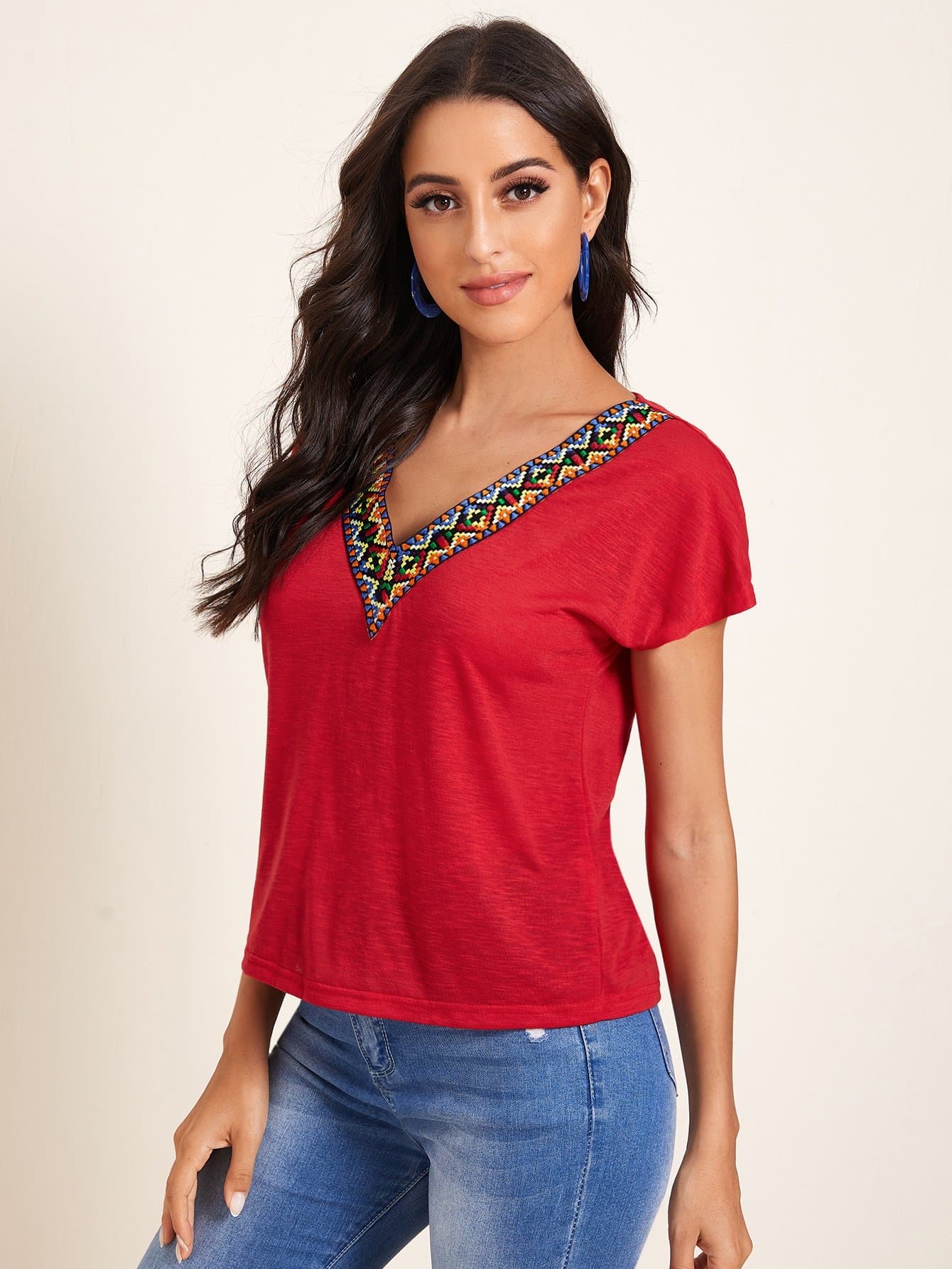 V-Neck Tribal Embroidered Tape Detail Dolman Sleeve Top