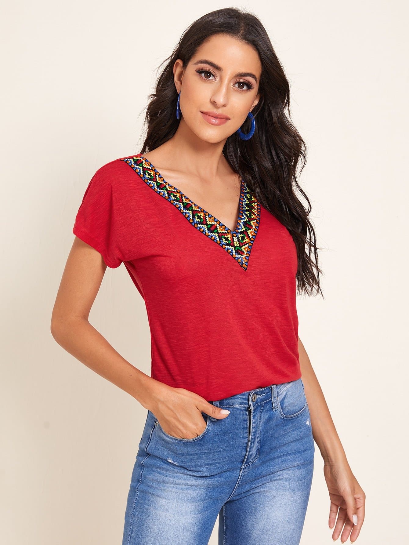 V-Neck Tribal Embroidered Tape Detail Dolman Sleeve Top
