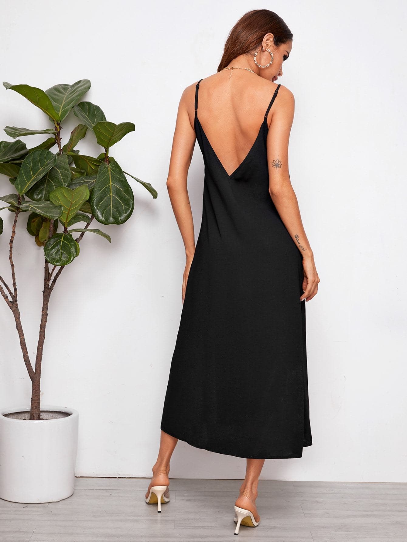 Spaghetti Strap Split Thigh Backless Slip Dress