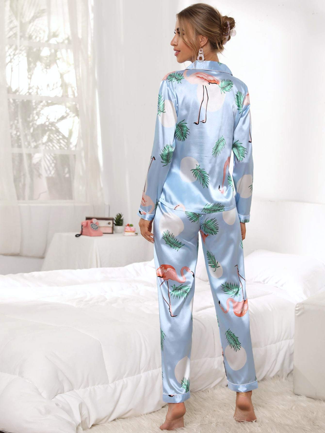Blue Long Sleeve Tropical & Flamingo Print Satin Sleepwear Set