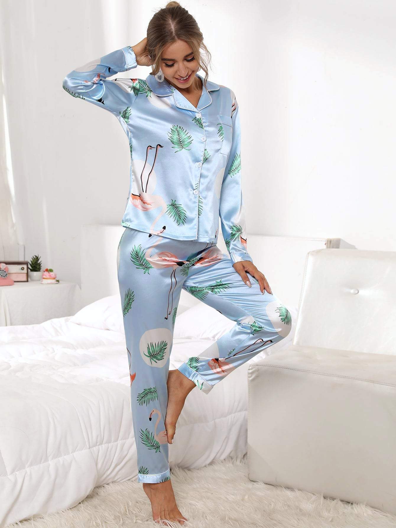 Blue Long Sleeve Tropical & Flamingo Print Satin Sleepwear Set