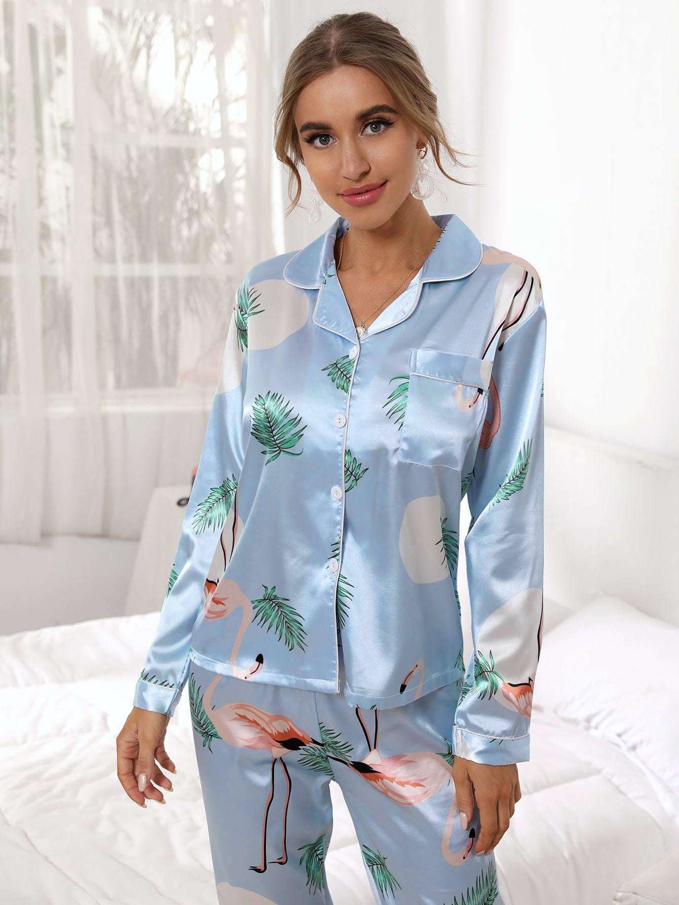 Blue Long Sleeve Tropical & Flamingo Print Satin Sleepwear Set