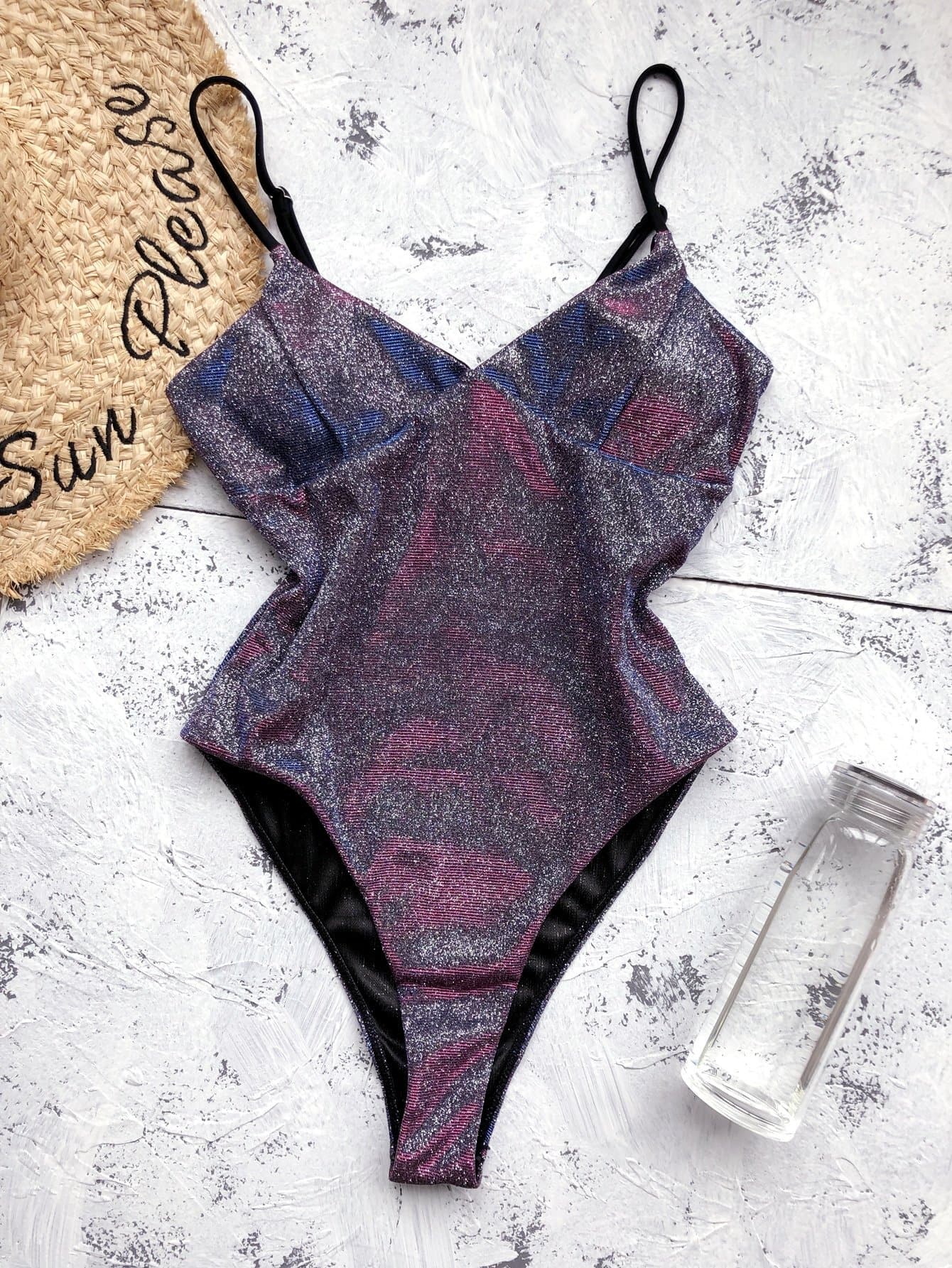 Spaghetti Strap Glitter High Leg One Piece Swimsuit