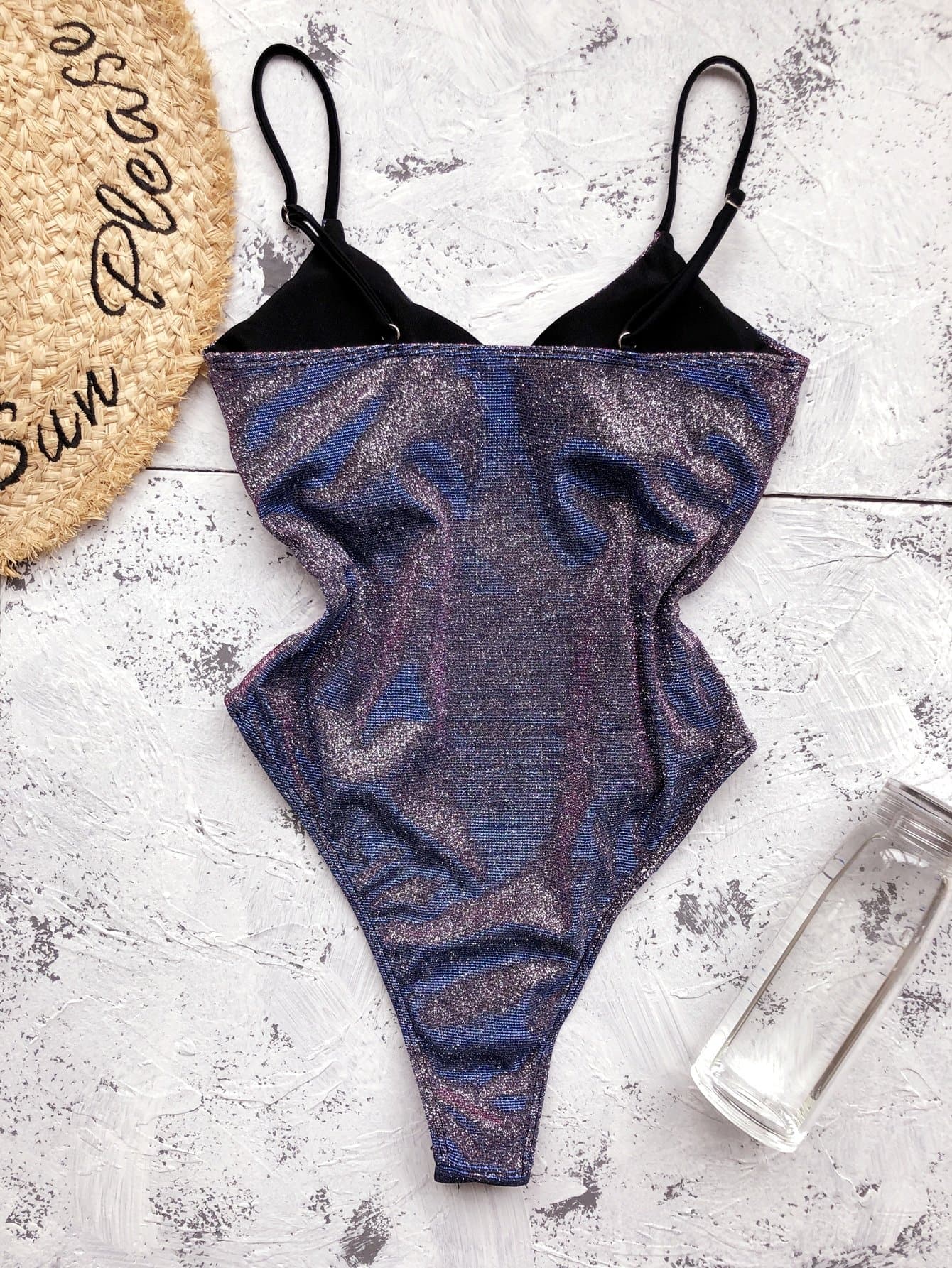 Spaghetti Strap Glitter High Leg One Piece Swimsuit