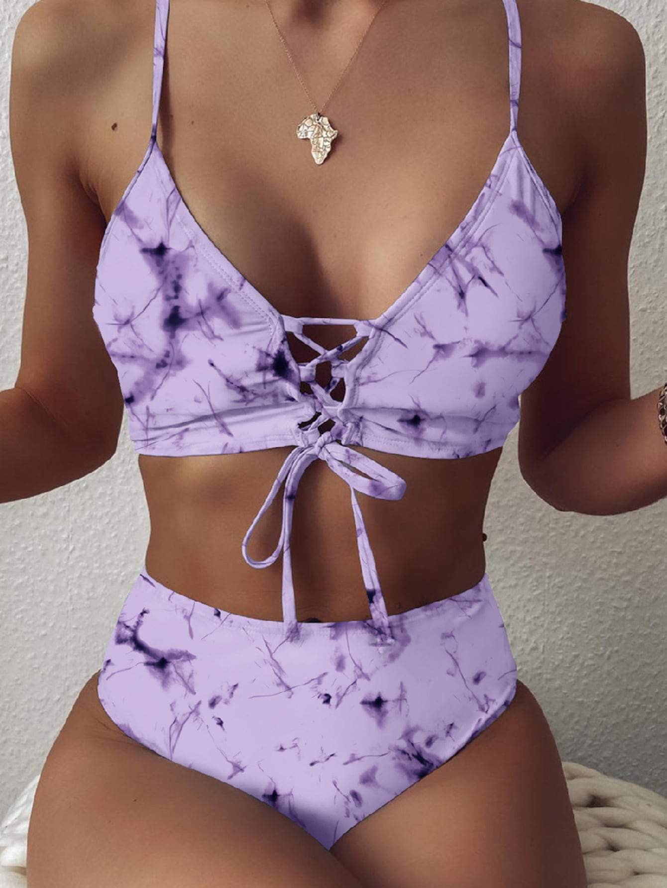 Marble Pattern Lace-up Spaghetti Strap Bikini Swimwear
