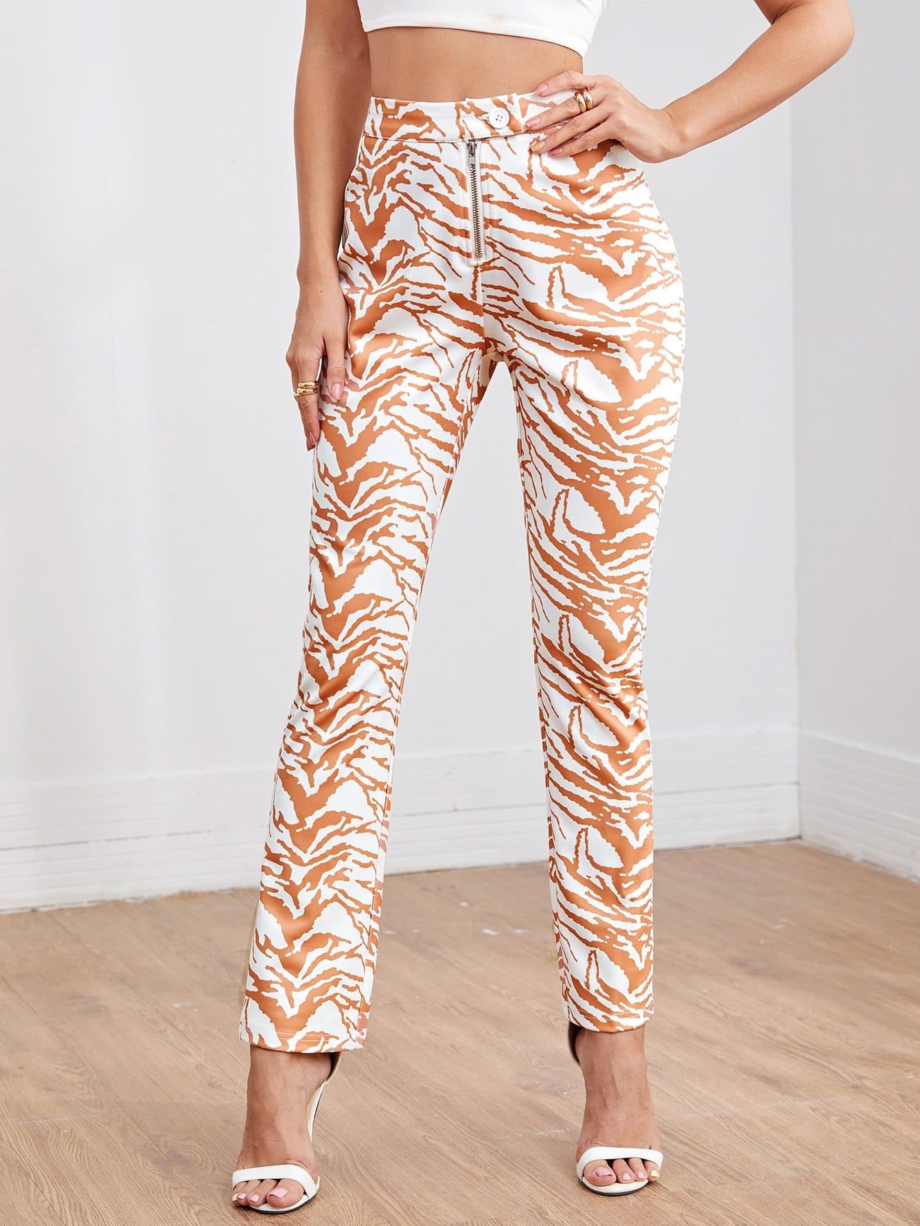 High Waist Zipper Fly Tiger Striped Straight Leg Pants