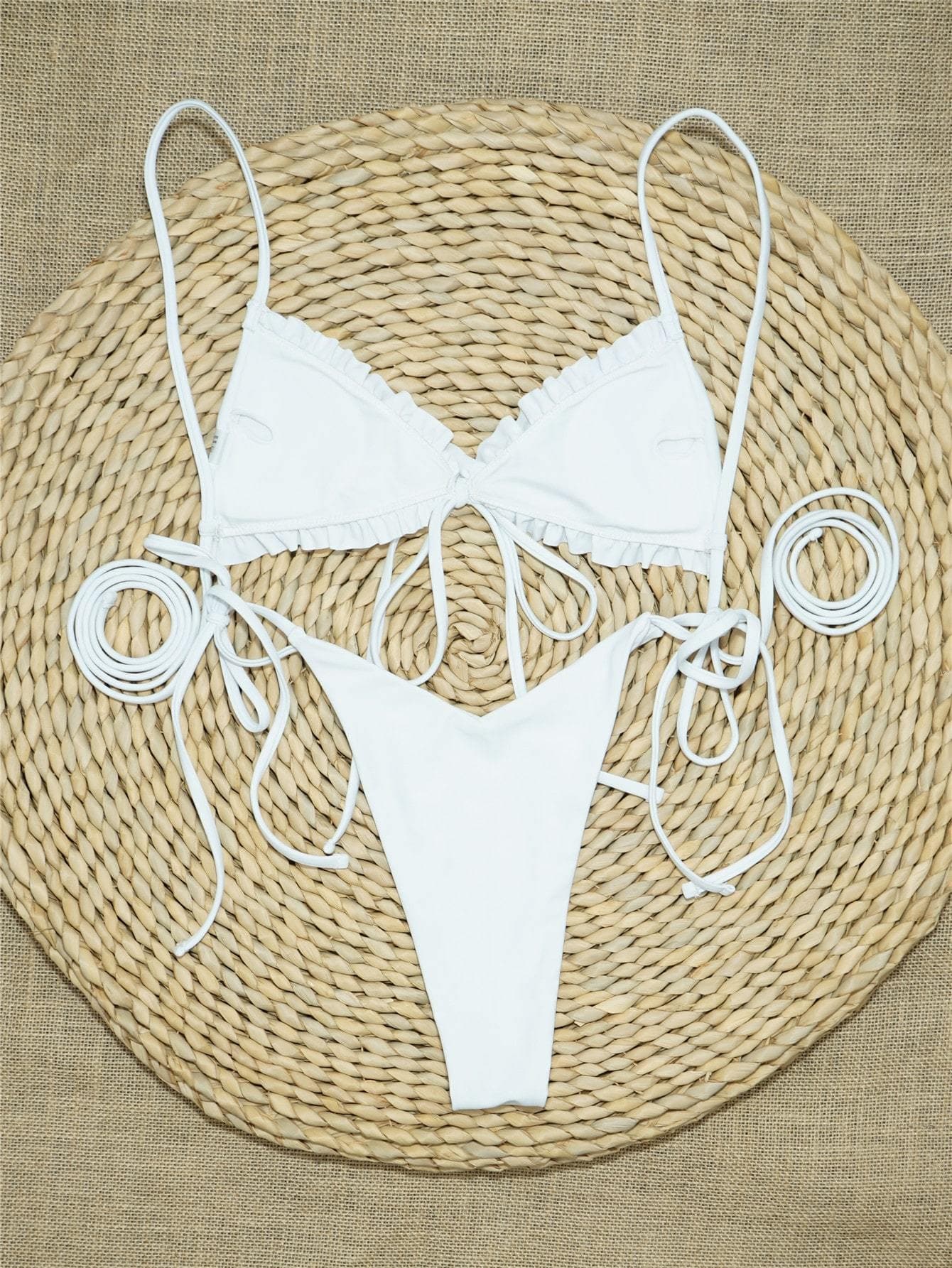 Frill Trim Triangle Tie Side Spaghetti Strap Bikini Swimsuit