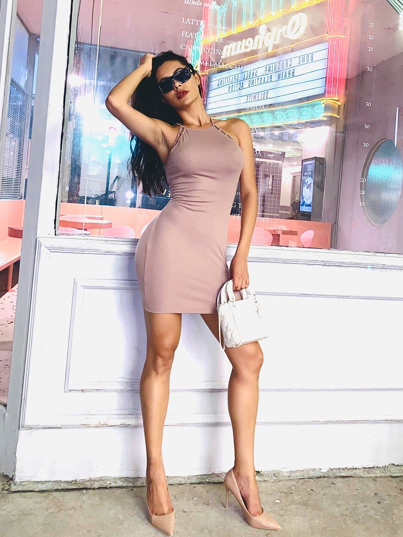 Dusty Pink Ladder Cut-out Solid Halter Neck Slim Fit Dress