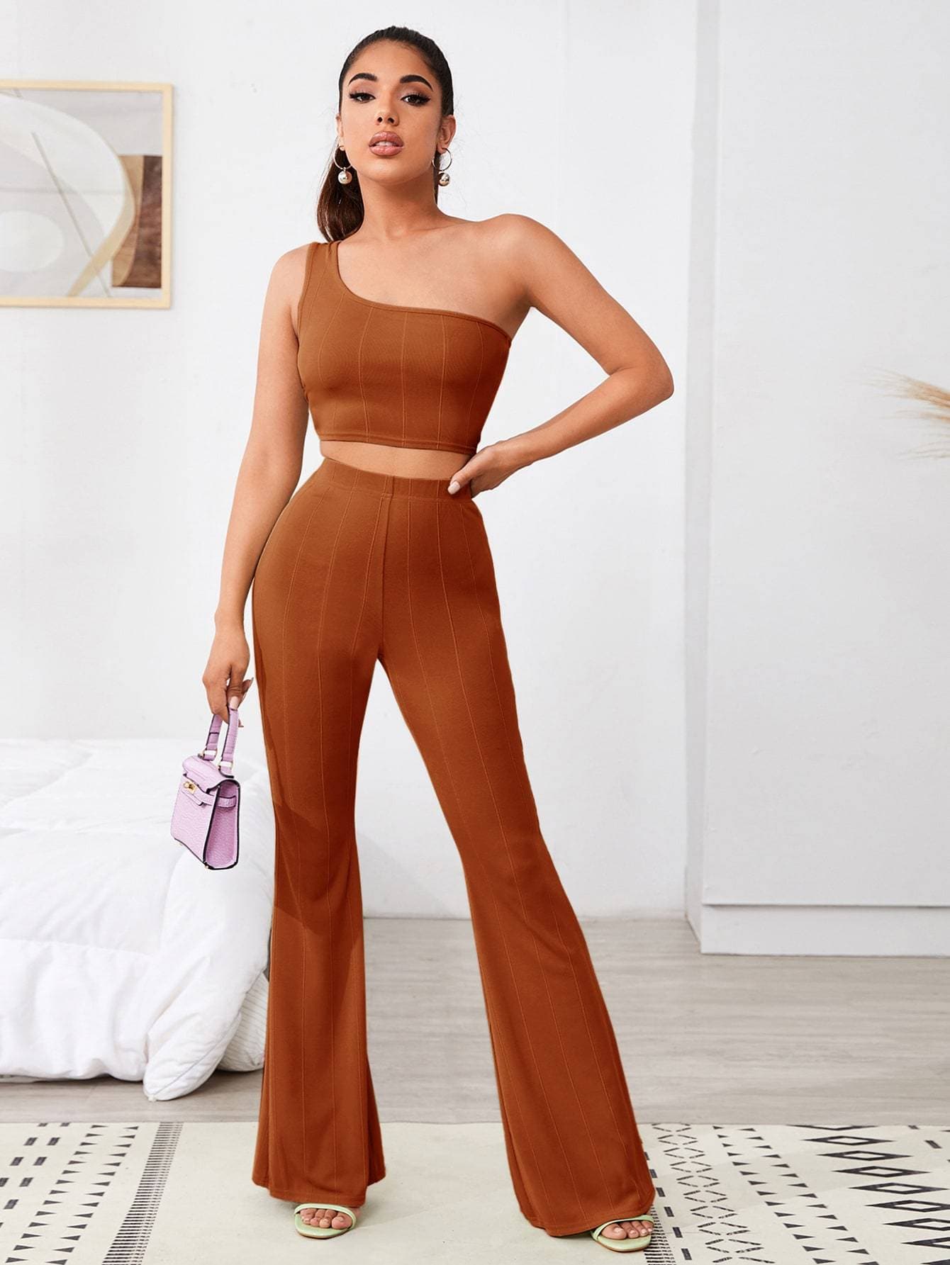Ribbed One-Shoulder Sleeveless Crop Top and Flare Trousers Set