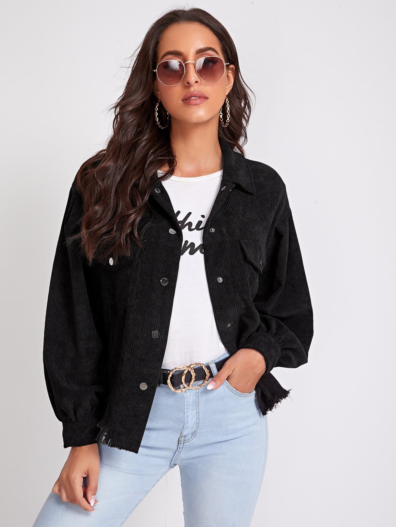 Black Drop Shoulder Single Breasted Flap Pocket Front Frayed Edge Corduroy Jacket