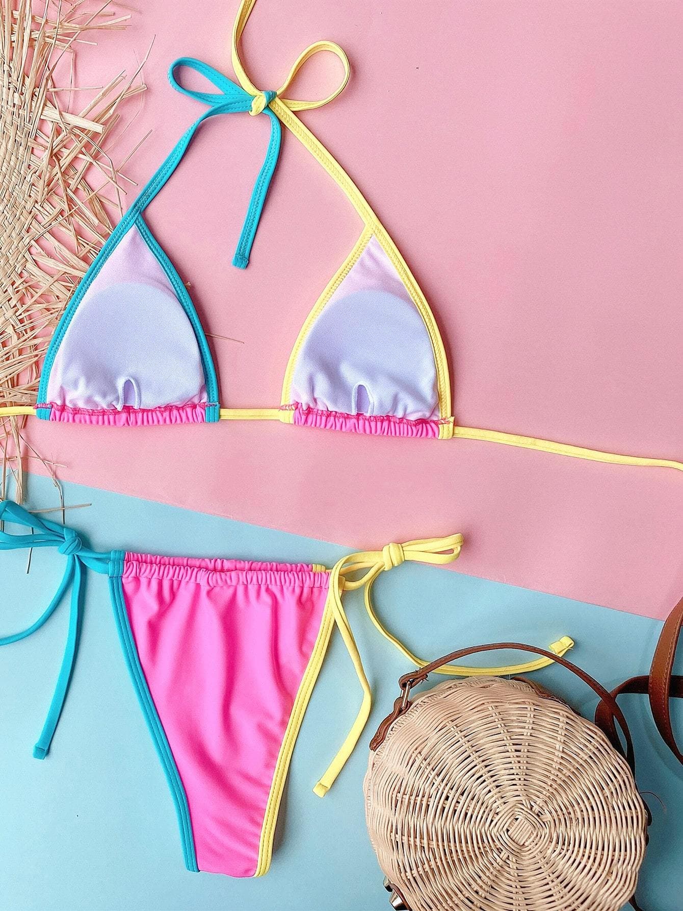 Contrast Binding Triangle Halter Tie Side Bikini Swimwear